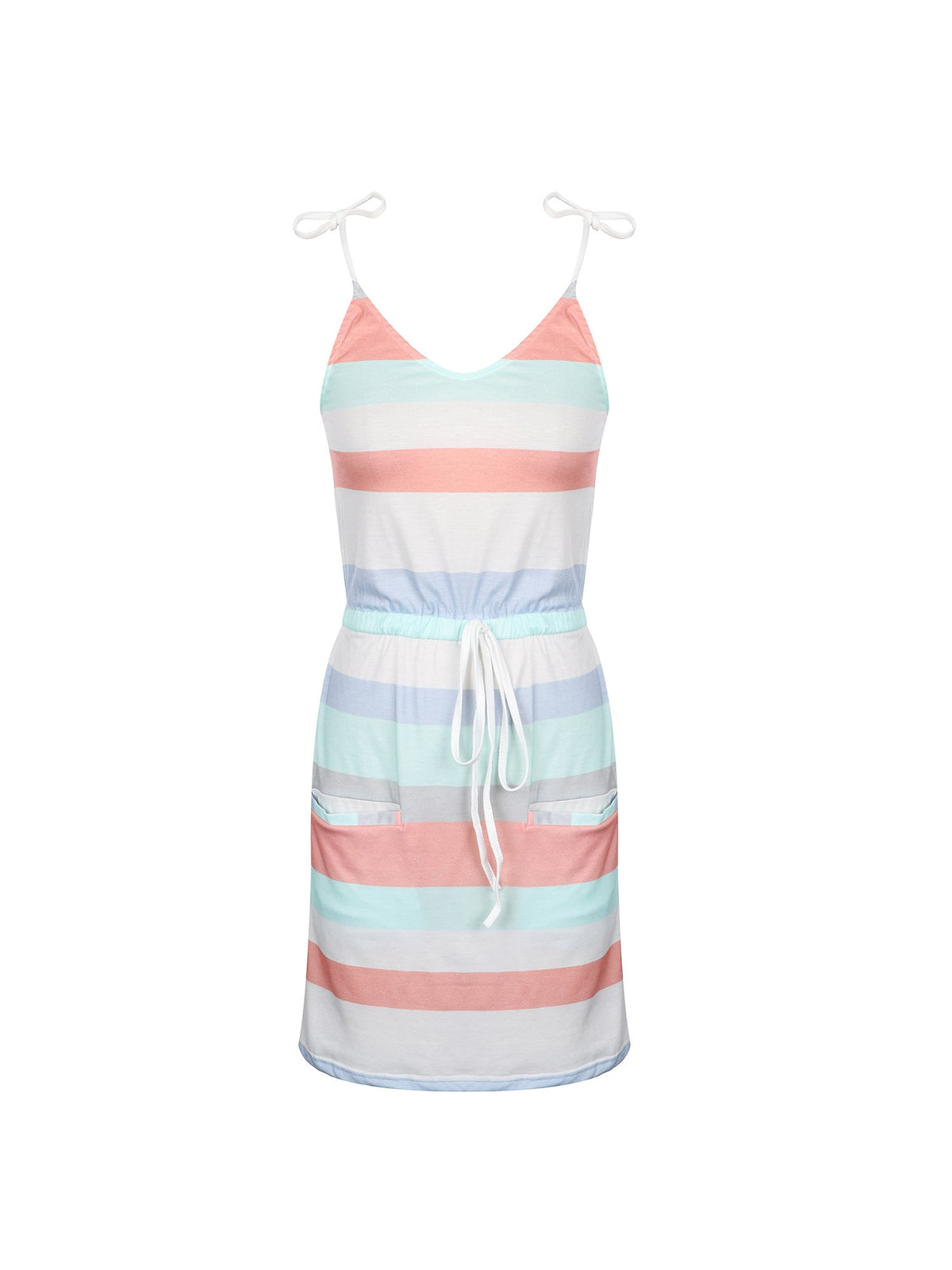 Striped Drawstring Lace Up Dress, Pocket V-neck Sleeveless Dress