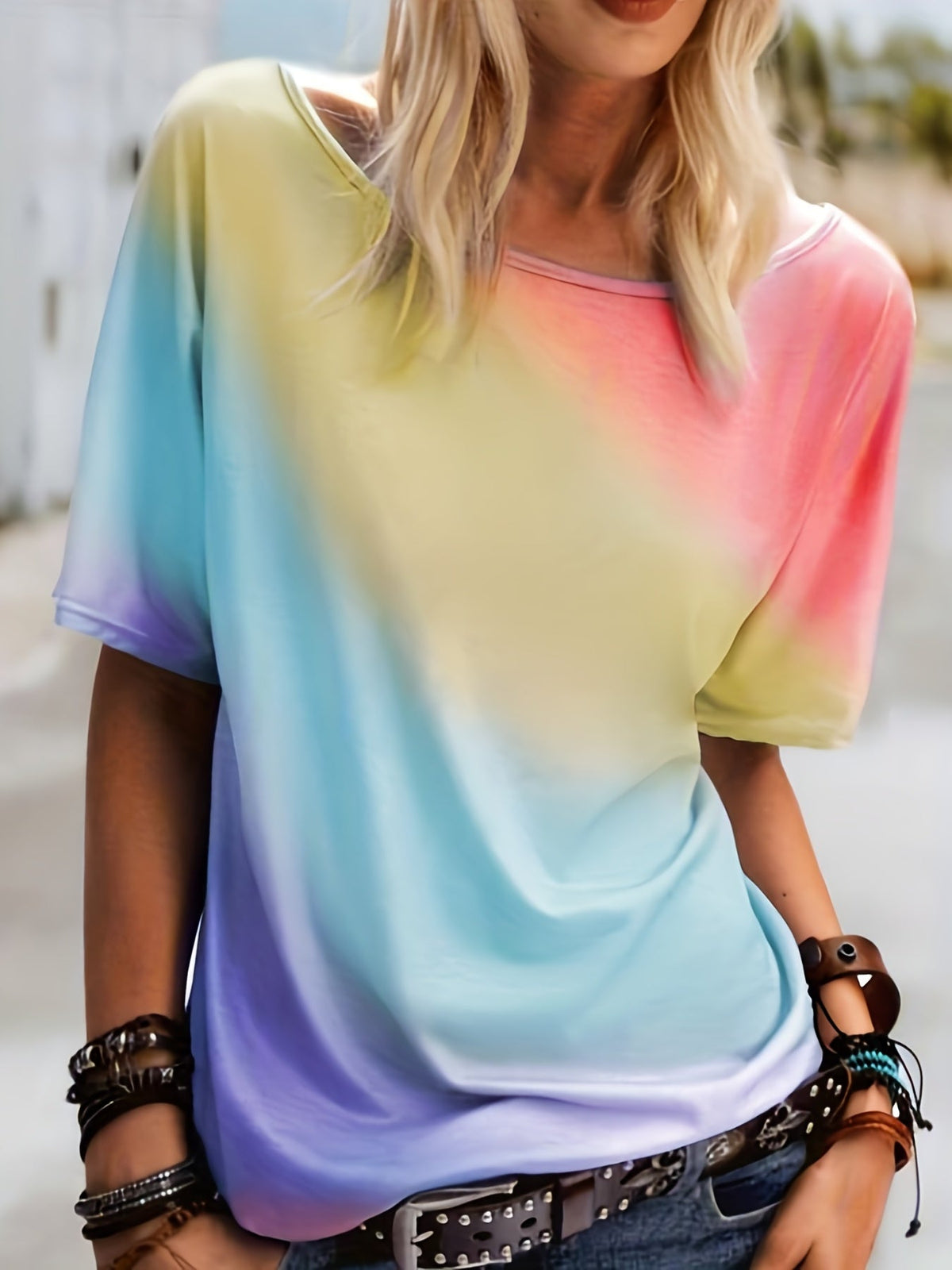 Gradient Print Crew Neck T-Shirt, Casual Short Sleeve T-Shirt