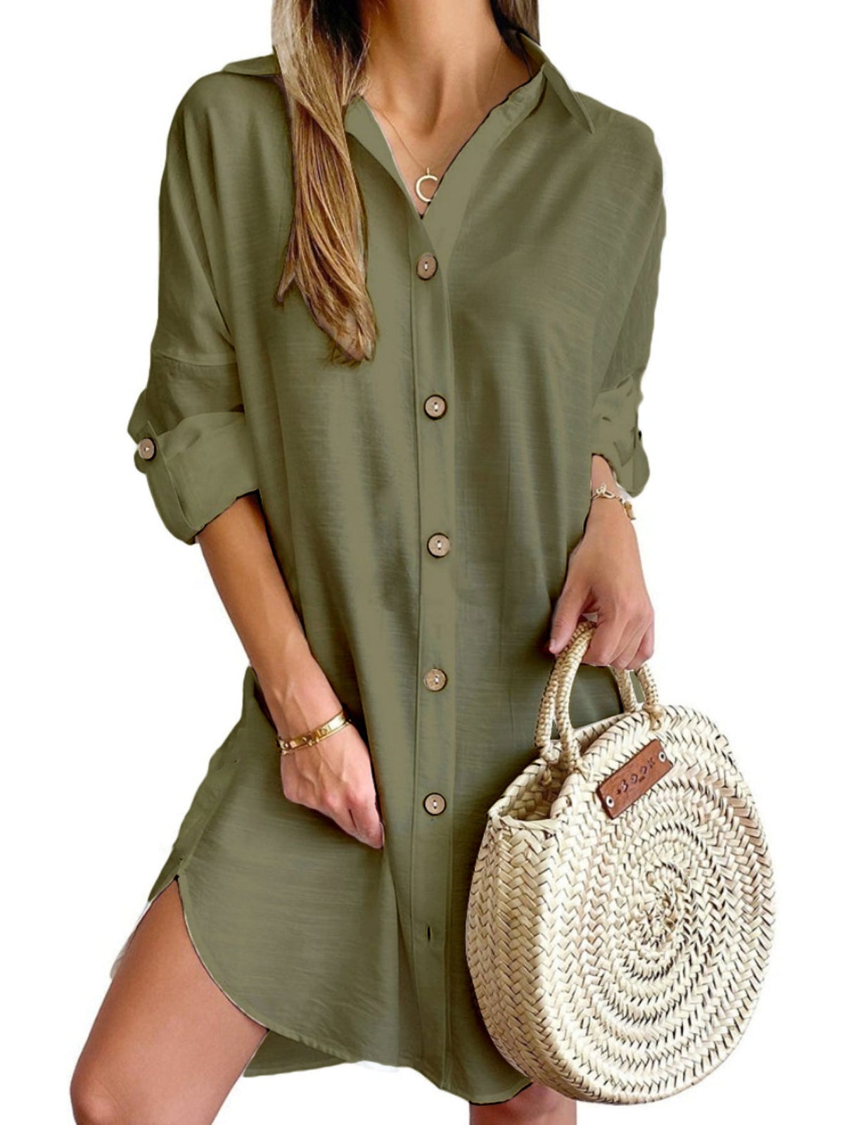 Solid Color Button Front Shirt Dress, Casual Long Sleeve Lapel Dress