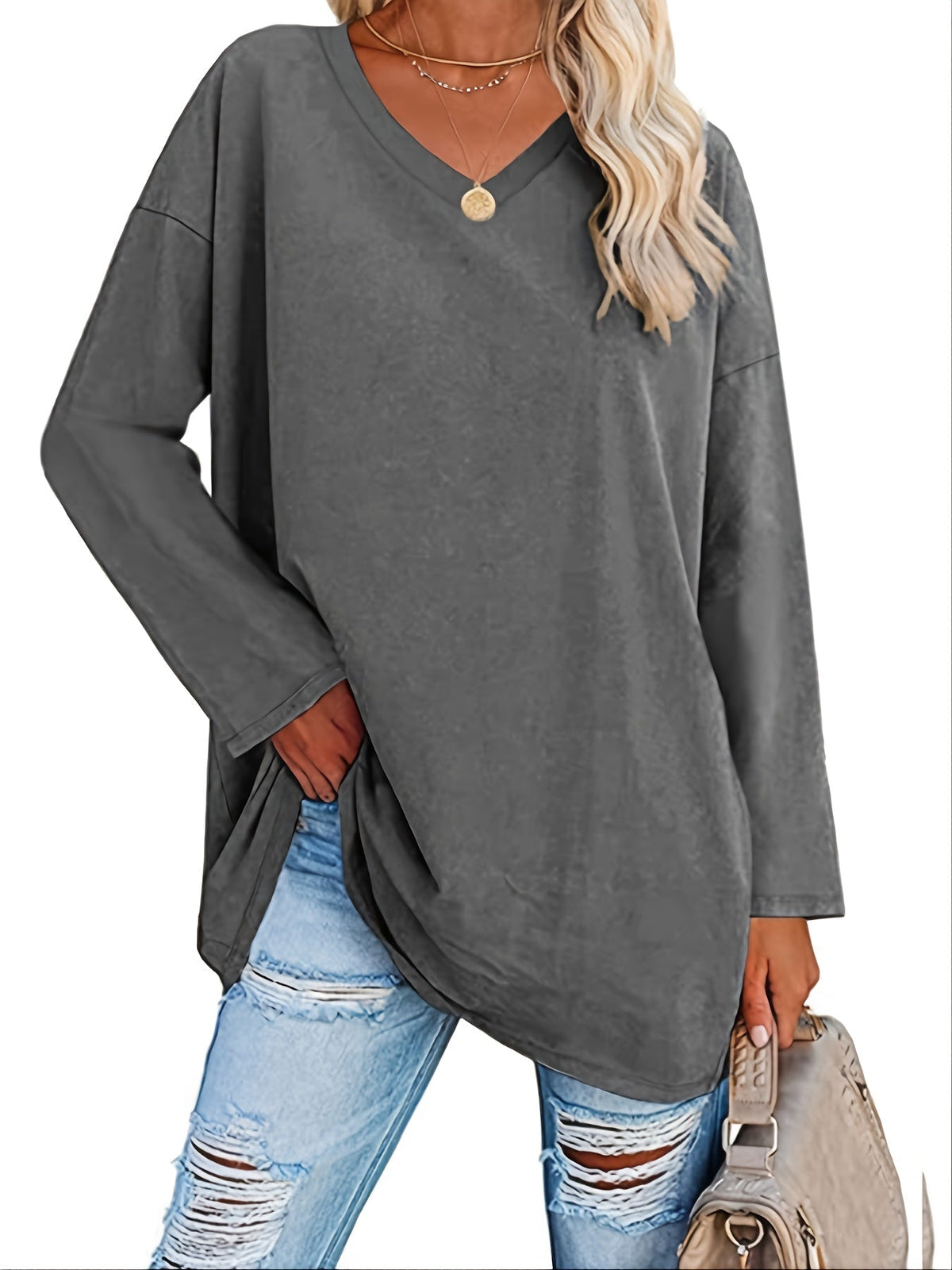 Women's Solid Color Oversized Tops, V-Neck Long Sleeve T-Shirts, Casual Loose Shirts