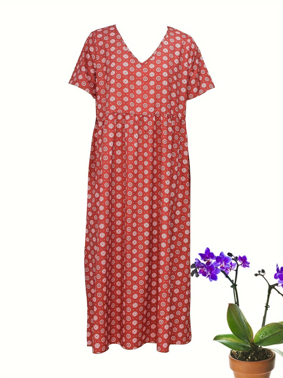 All Over Print Dress, Casual V Neck Short Sleeve Dress