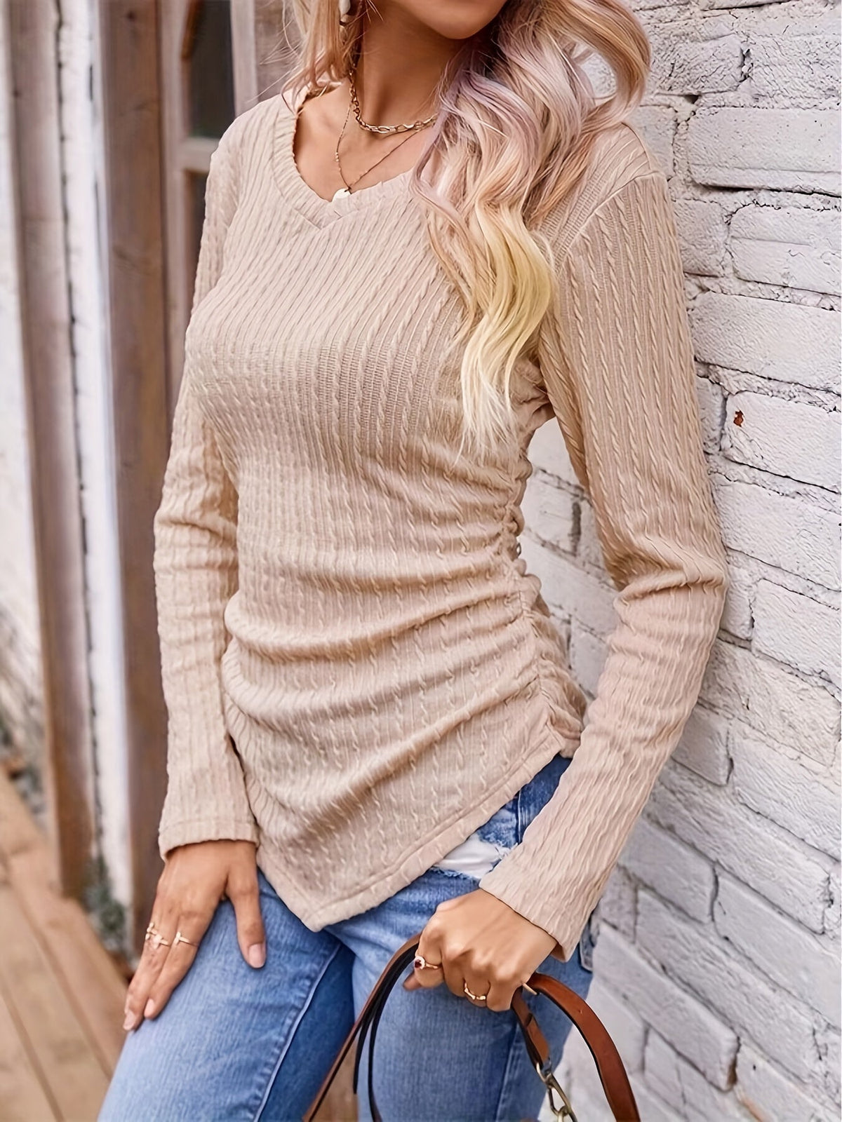 Twist Textured V Neck T-Shirt, Casual Long Sleeve Top