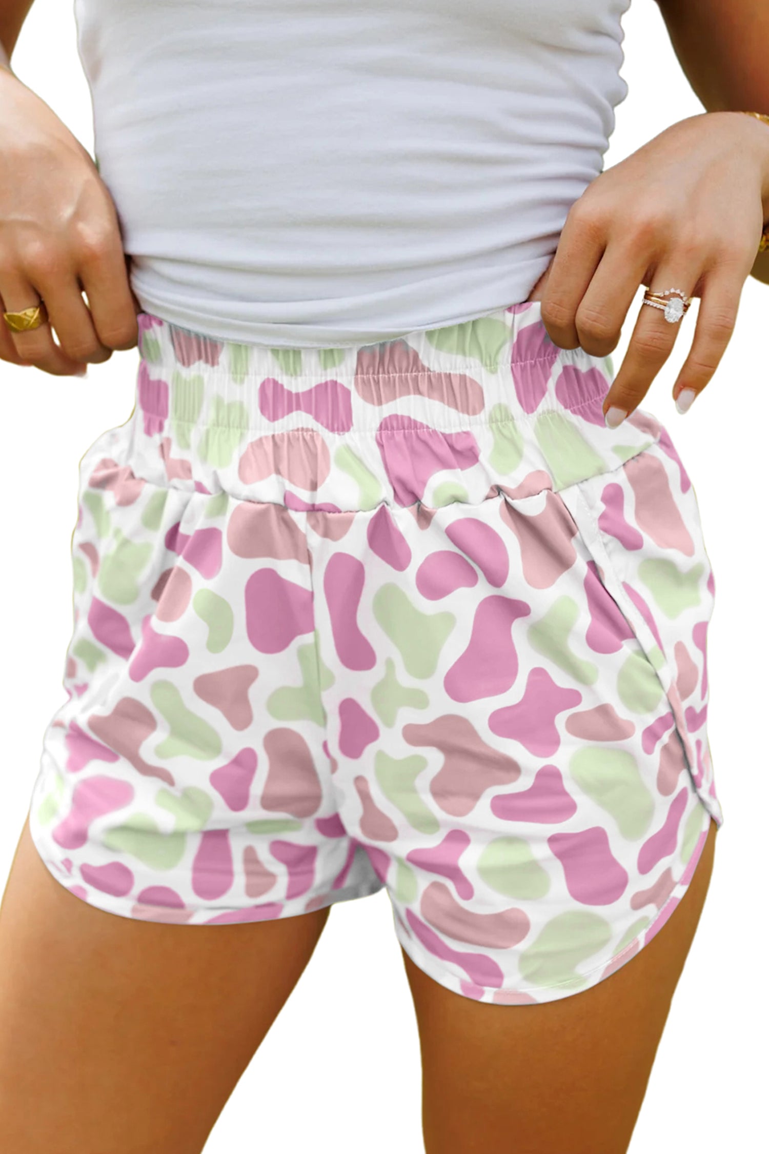 Green Camouflage Print Shirred High Waist Athleisure Shorts