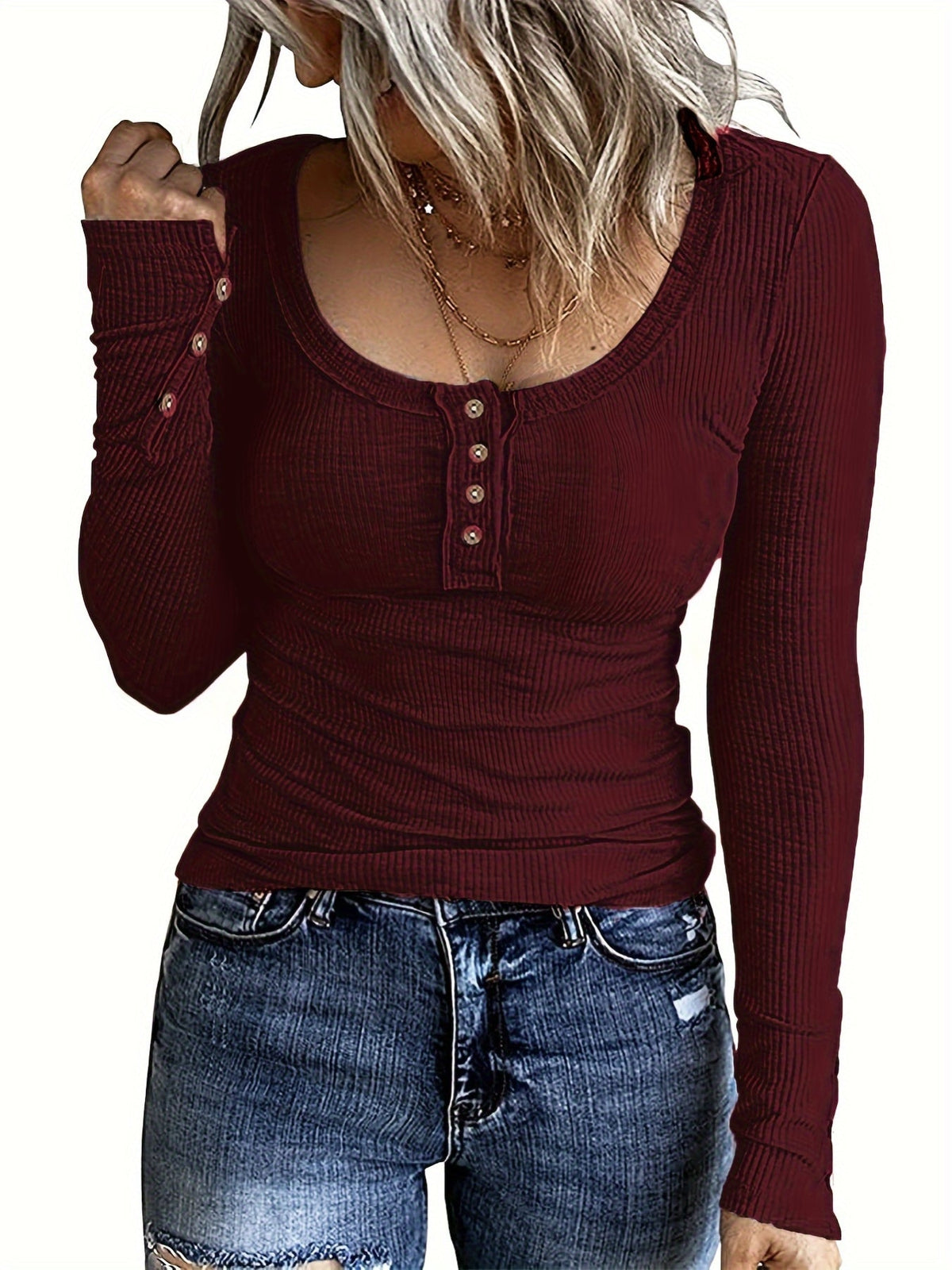 Casual Button Scoop Neck T-shirt, Loose Long Sleeve Slim Fit Fashion T-Shirts Tops