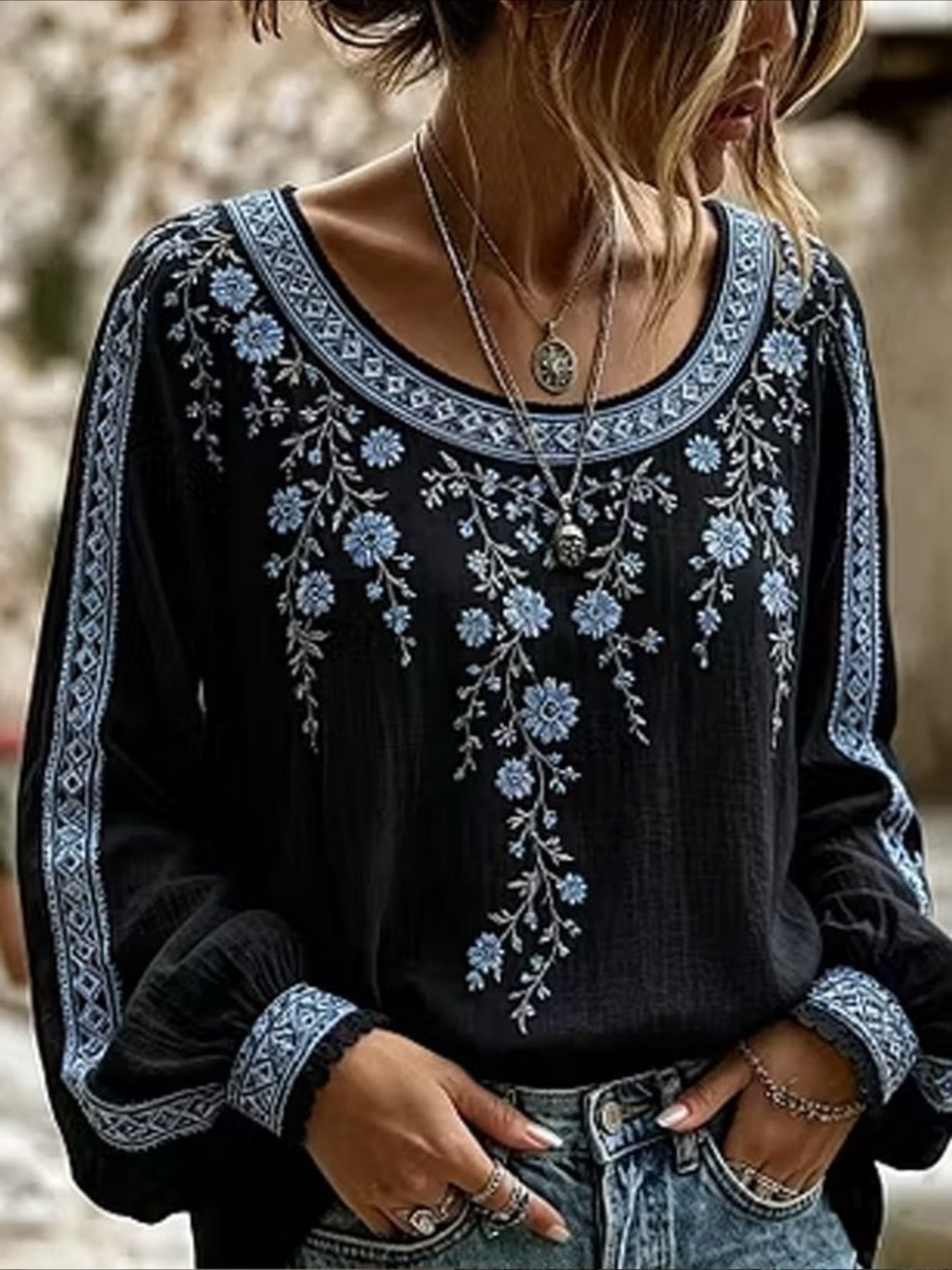 Floral Crew Neck Long Sleeve Blouse