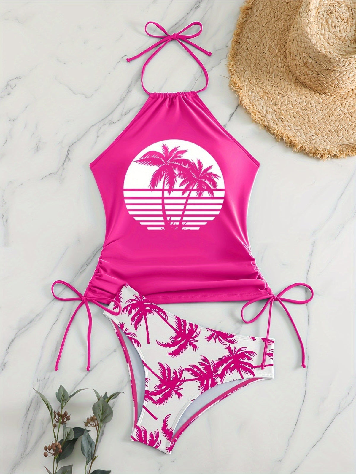 Coconut Tree Sunset Pattern Drawstring 2 Piece Set Swimsuit, Halter Tie Neck Backless Stretchy Low Waist Bathing Suit