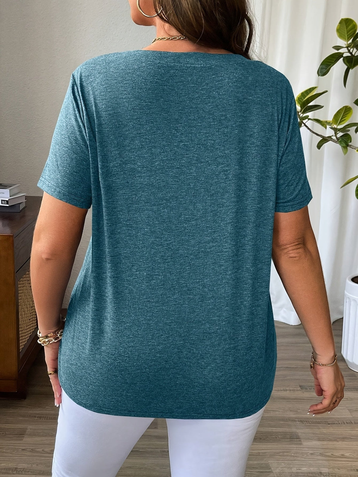 Solid Color T-Shirt with Crisscross V-Neck and Short Sleeves