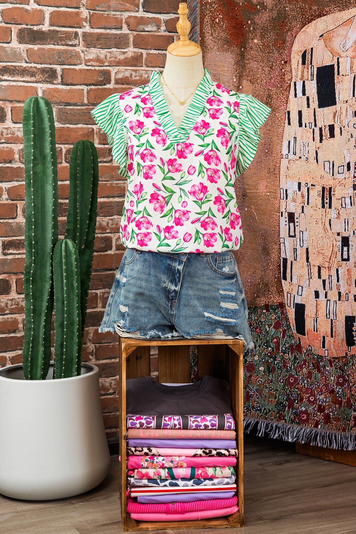 Multicolour Sweet Floral Print Striped Ruffle Trim V Neck Blouse