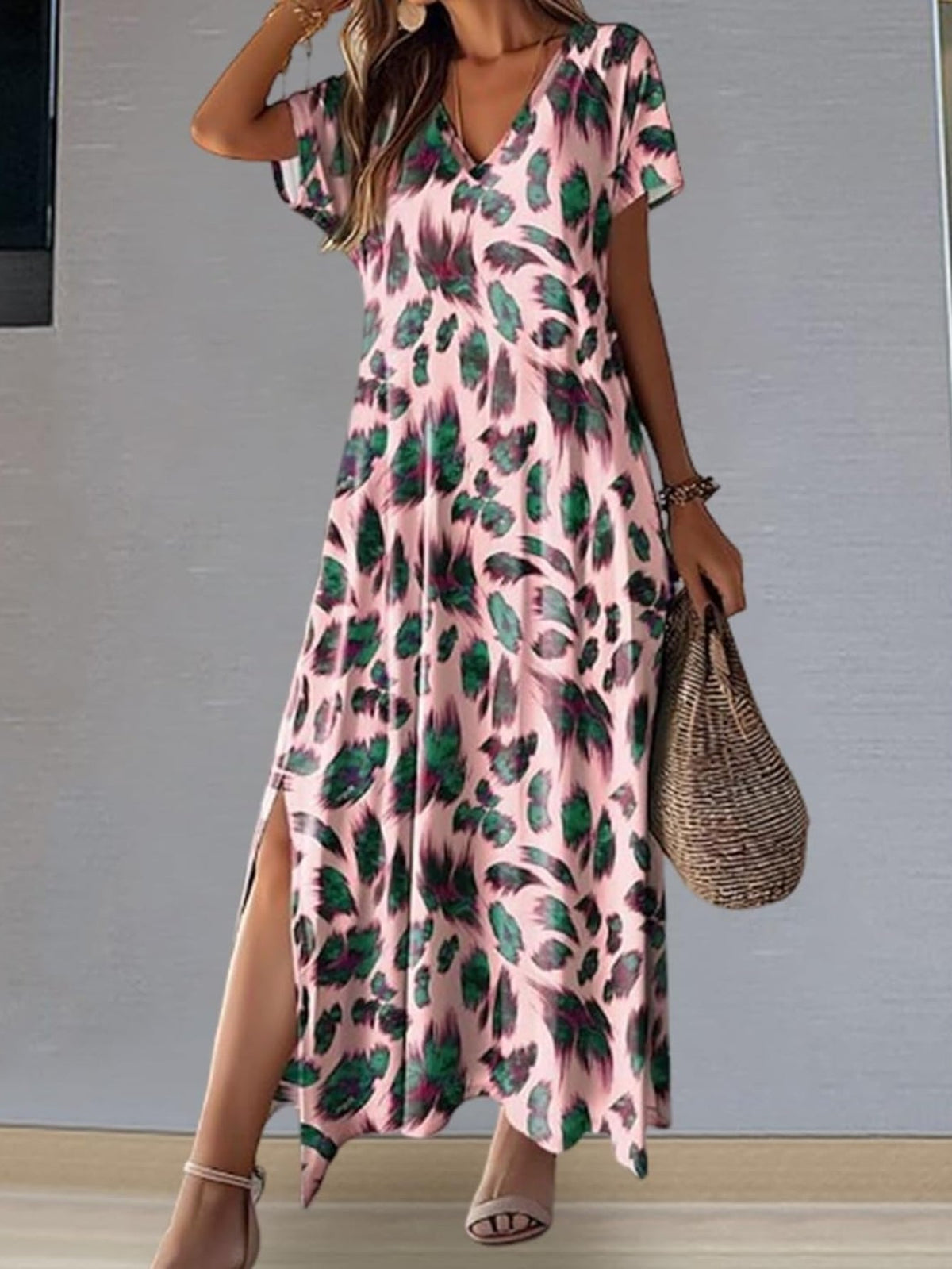 Short Sleeve V Neck A Line Maxi Dress
