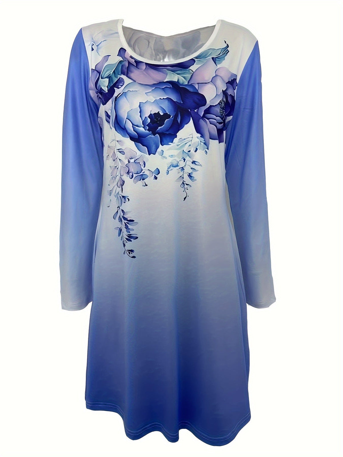 Graphic Print Long Sleeve Dress, Casual Crew Neck Midi Dress