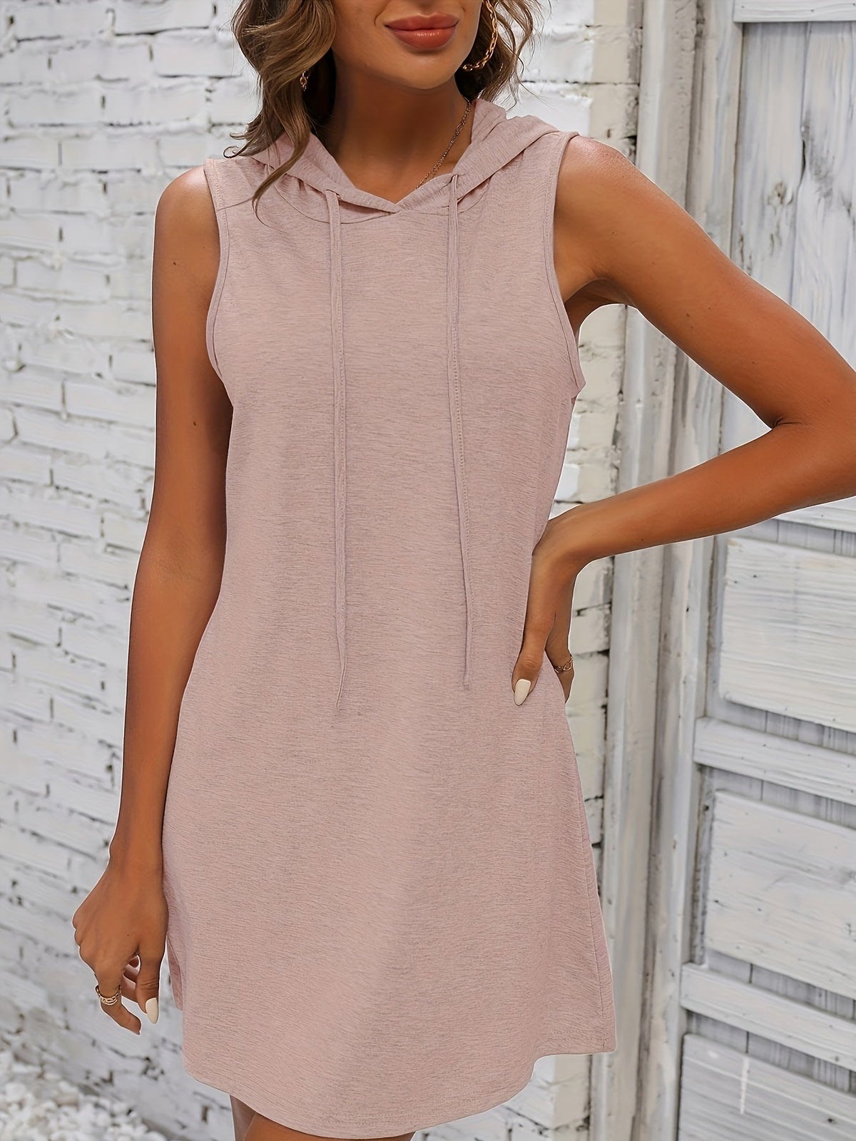 Drawstring Sleeveless Hooded Dress, Casual Dress