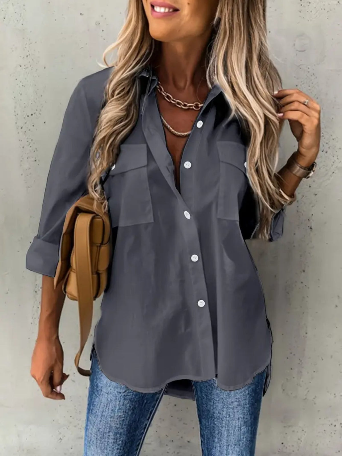 Button Front Long Sleeve Shirt, Casual Solid Office Shirt With Collar
