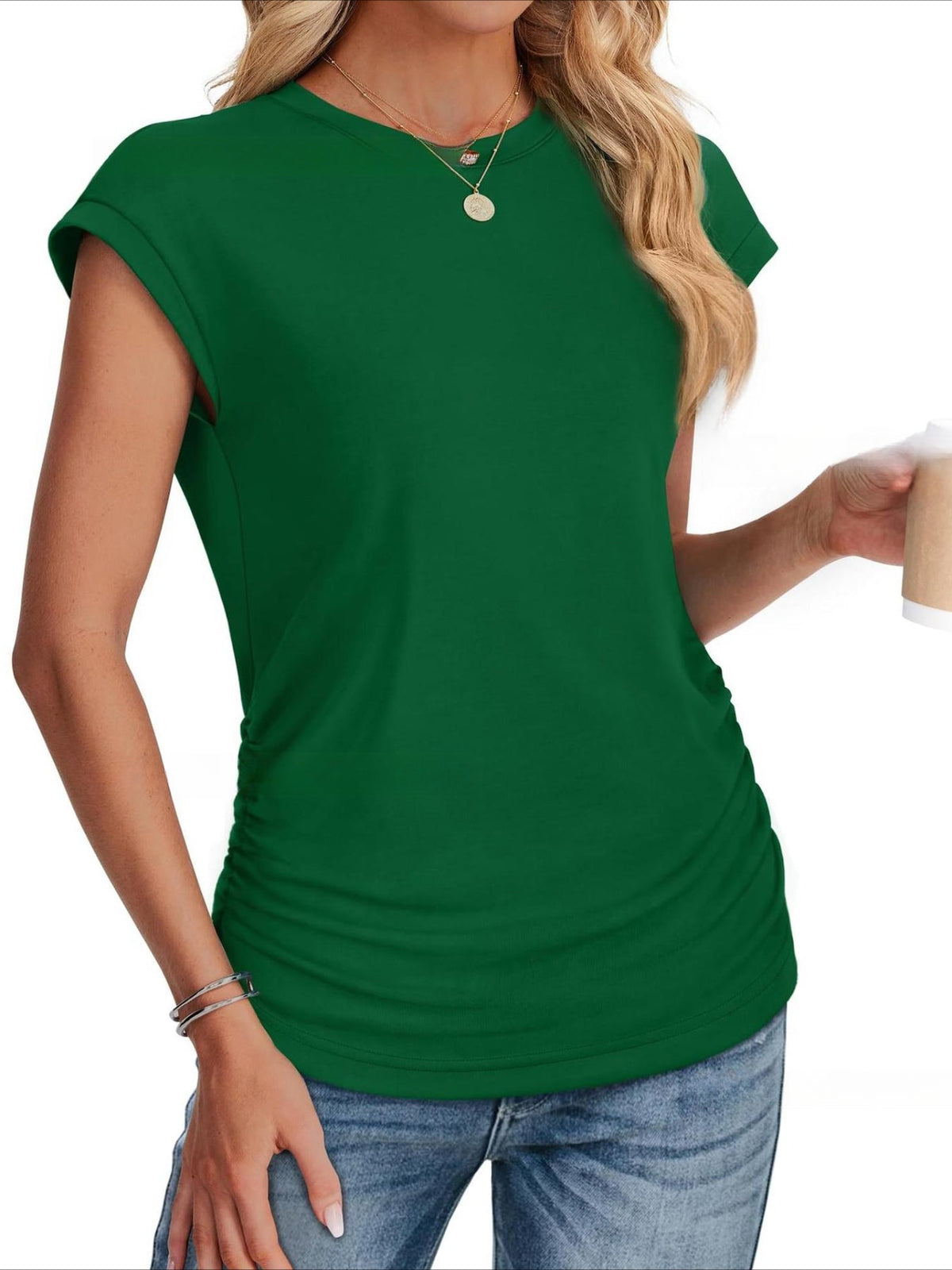 Solid Color Crew Neck Ruched Cap Short Sleeve T Shirts