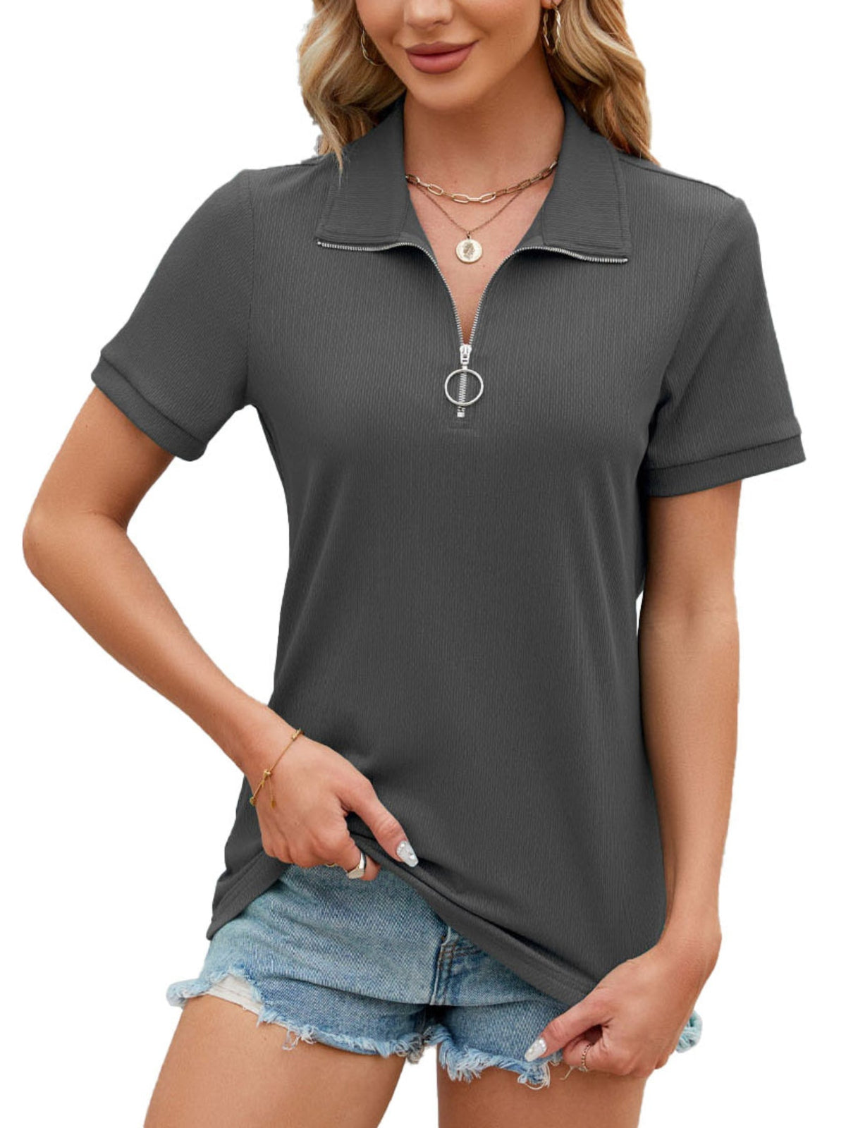 Solid Color Zip Collared T-shirt, Casual Short Sleeve Top