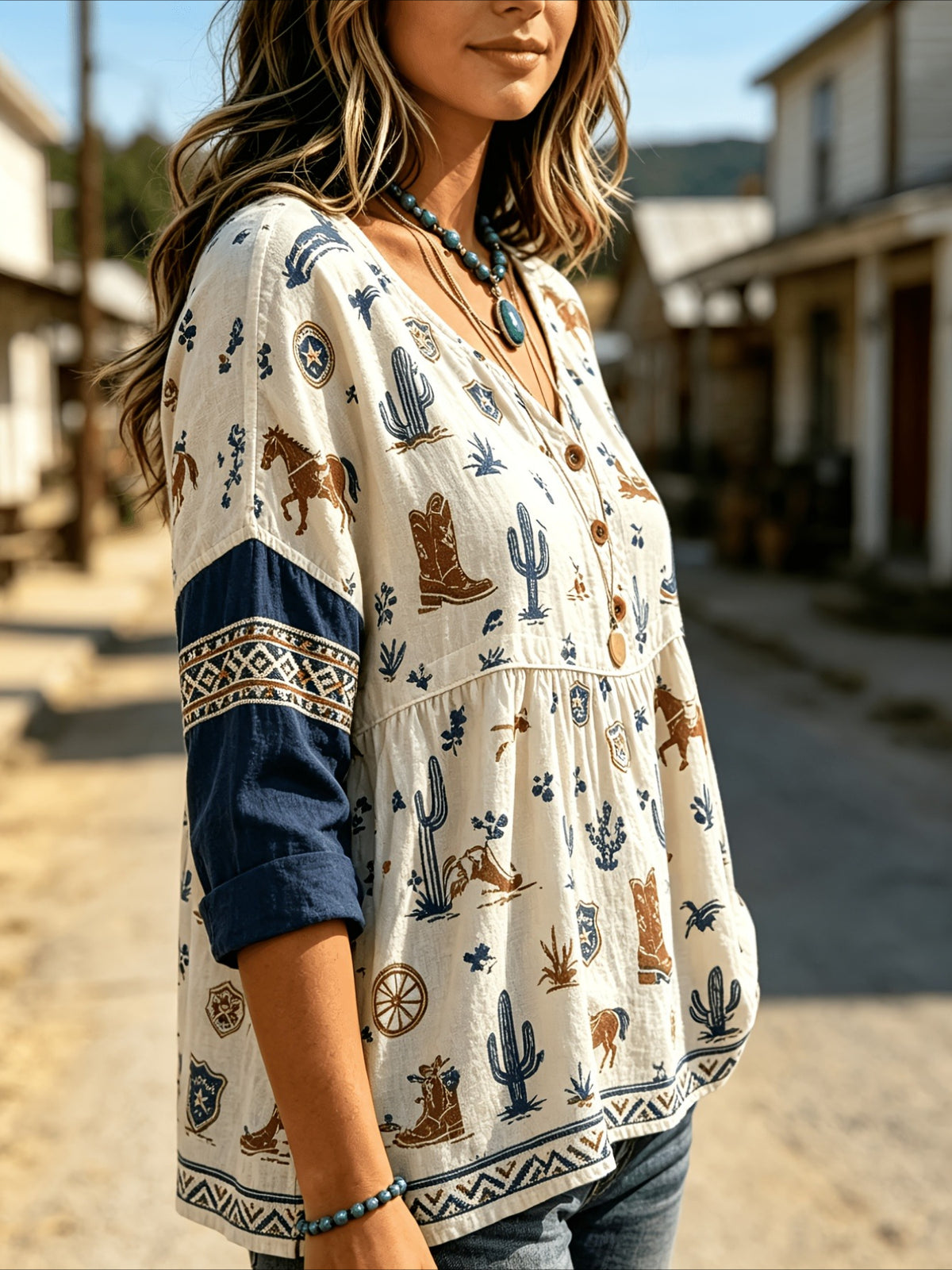 Floral Print 3/4 Sleeve V-Neck Three-Button Front Babydoll Blouse