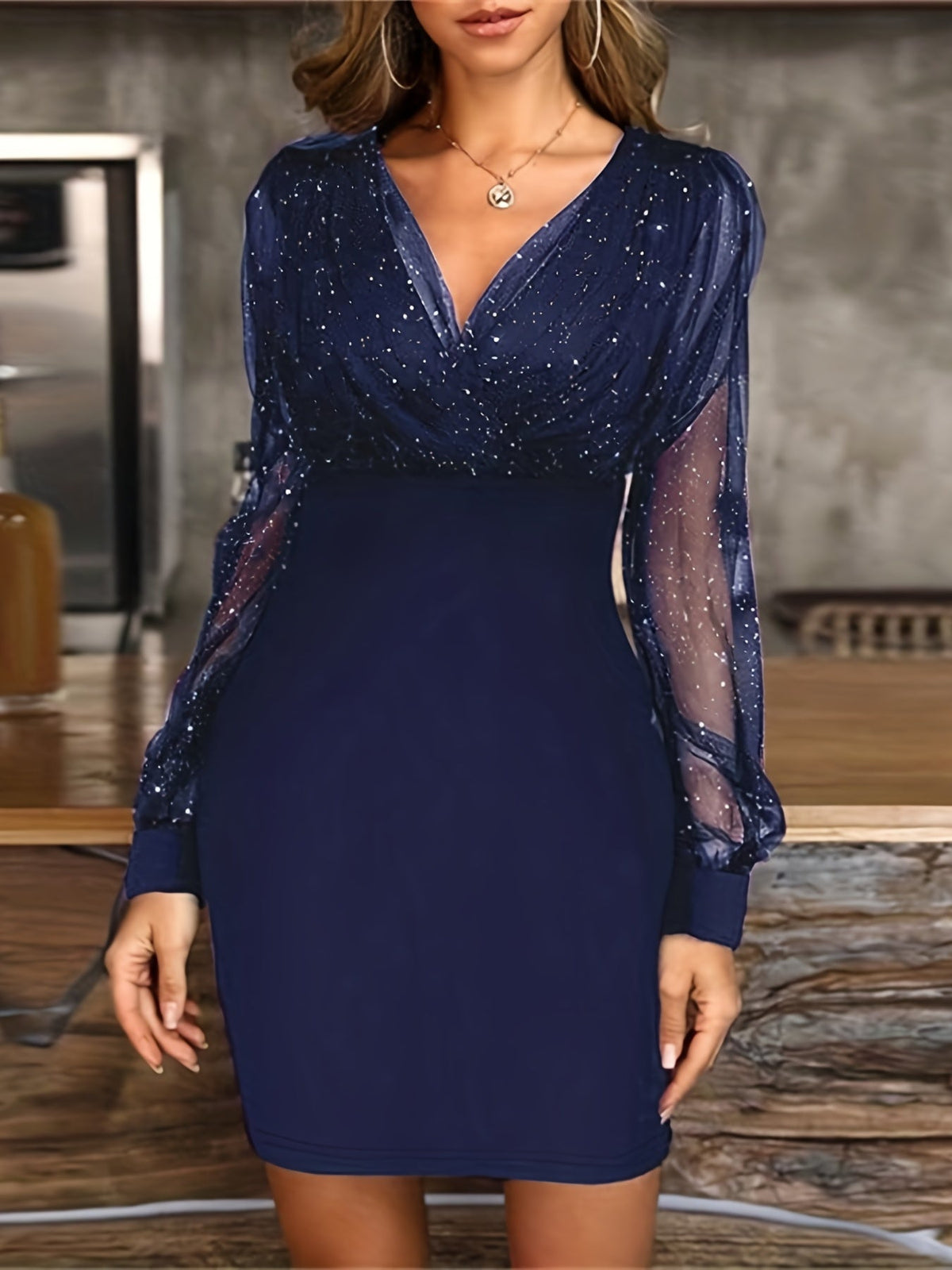 Solid Sequin Stitching Lace Long Sleeve Dress, Elegant Mesh Slim Sexy Party Dress