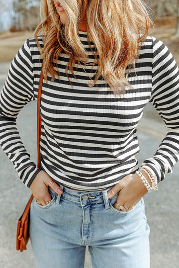 Black Striped Print Textured Knit Long Sleeve Tee