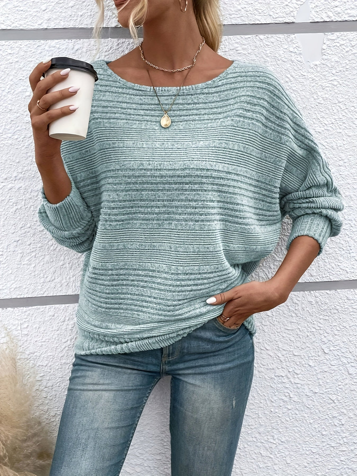 Ribbed Crew Neck T-Shirt, Elegant Long Sleeve T-Shirt