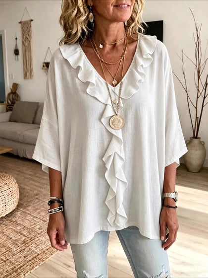 V Neck Casual 3/4 Sleeve Top with Ruffle Edge