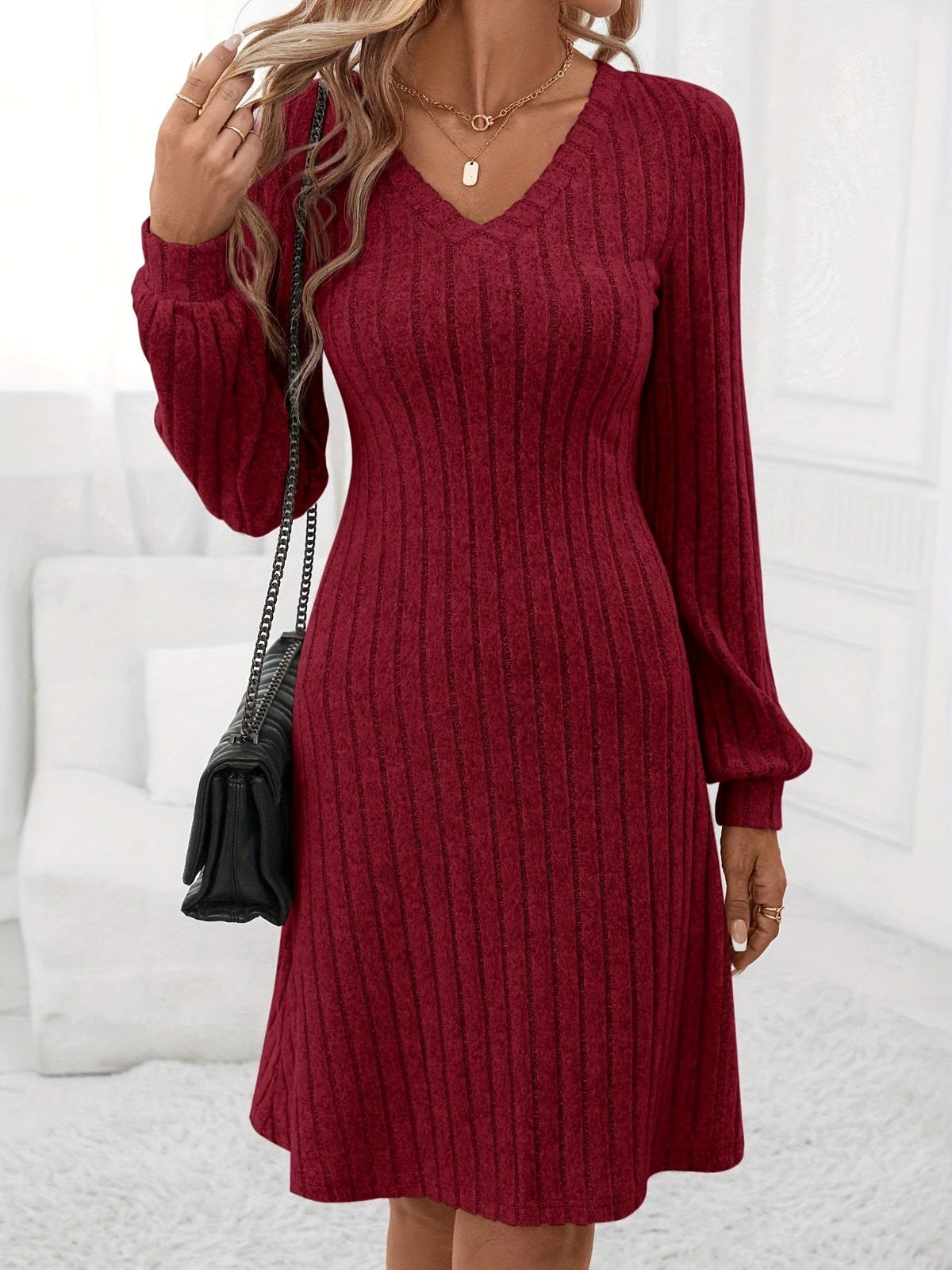Elegant Ribbed V Neck Dress - Stylish Long Sleeves, Flattering V Neckline, Soft Ribbed Texture