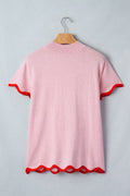 Pink Stand Neck Contrast Wavy Trim Short Sleeve Sweater