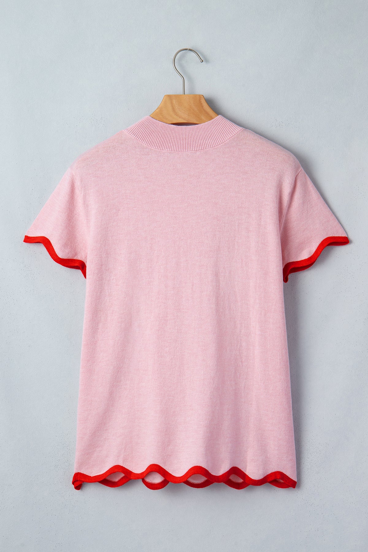 Pink Stand Neck Contrast Wavy Trim Short Sleeve Sweater
