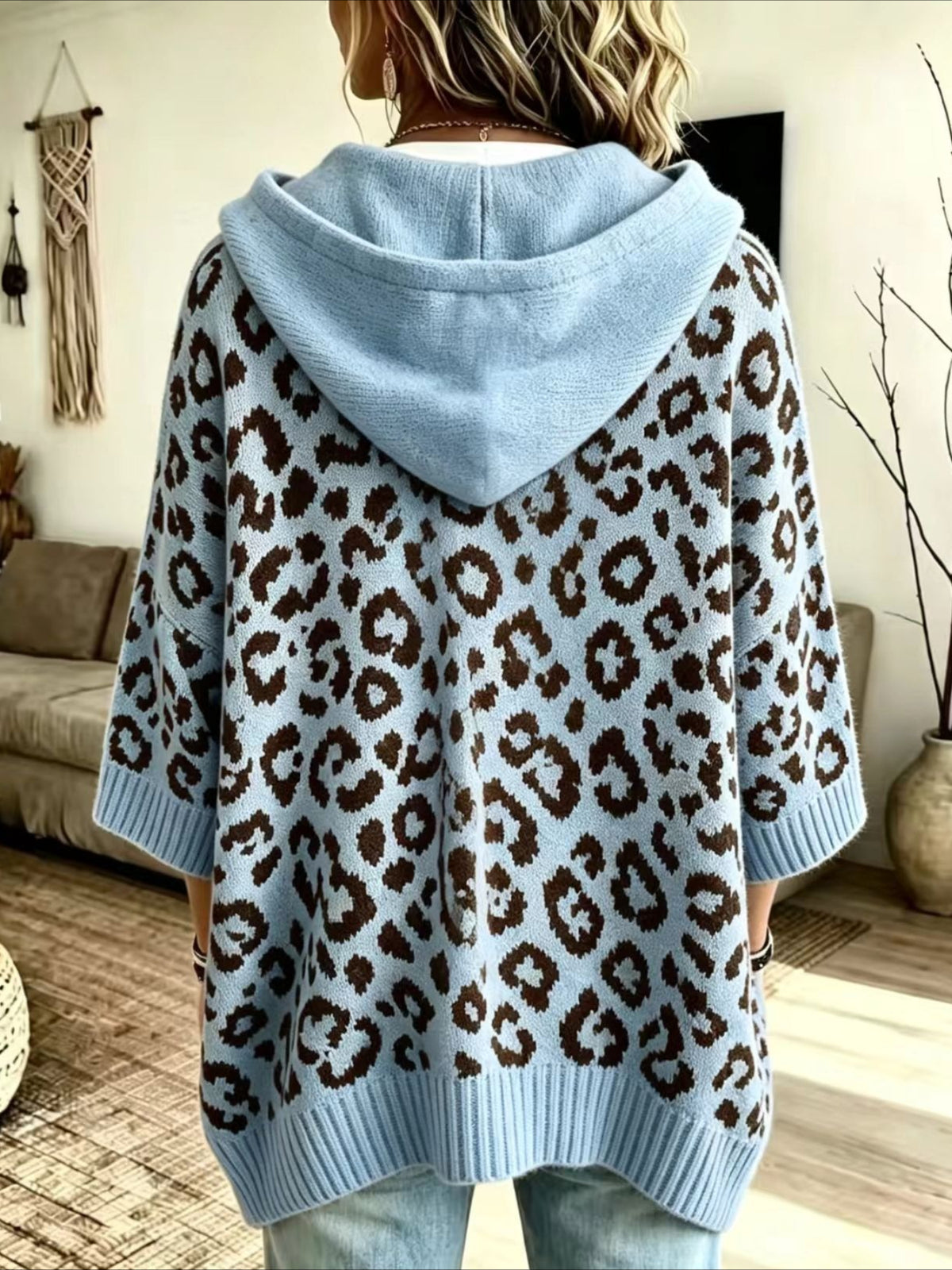 Leopard Pattern Hooded Knit Sweater with Batwing Sleeves
