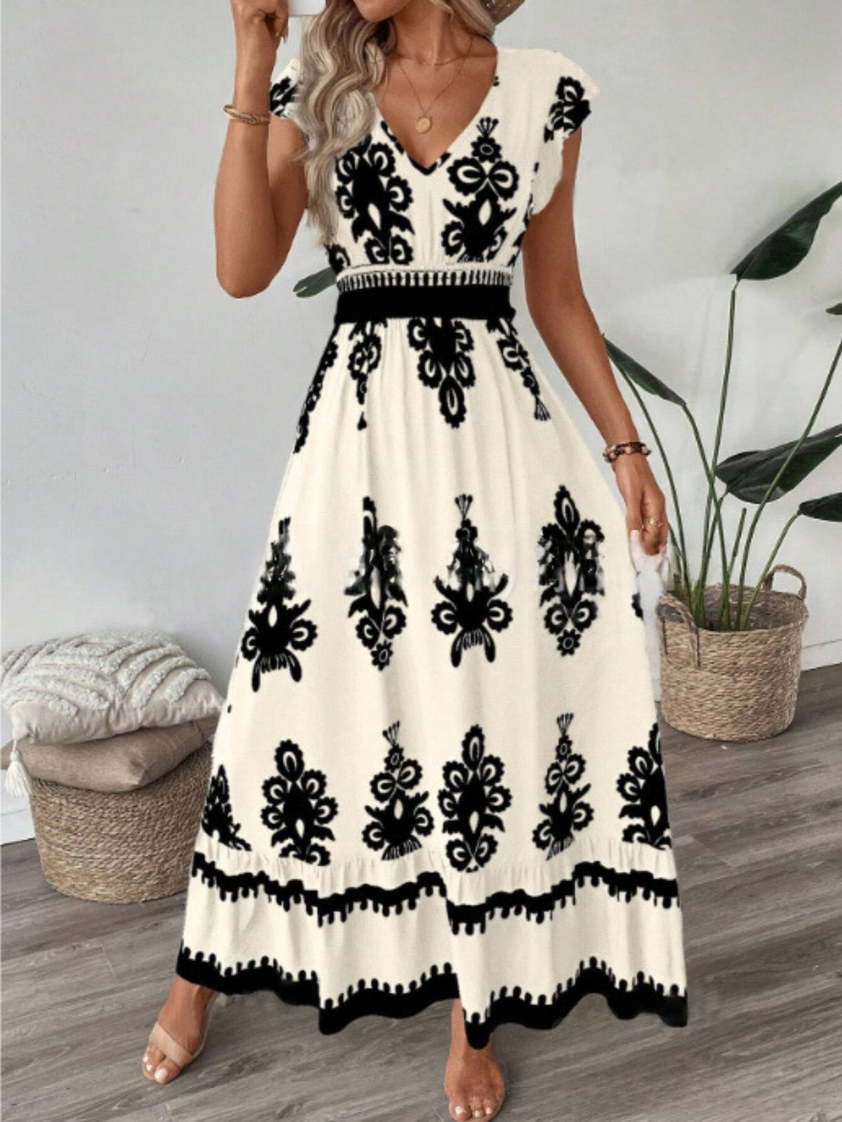 Women's Navy Blue Floral Print V-Neck A-Line Dress with Ruffled Cap Sleeves