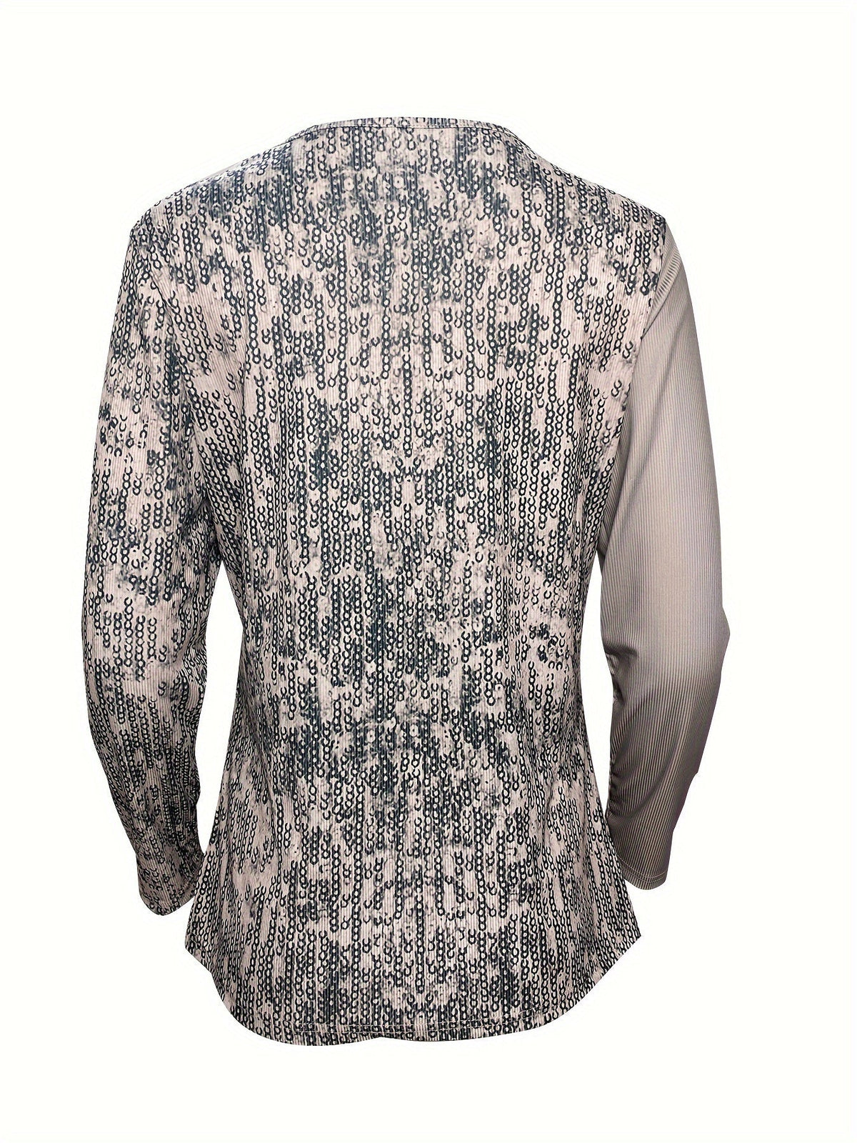 Sequined Button Decor V-neck Splicing T-Shirt, Casual Long Sleeve T-Shirt