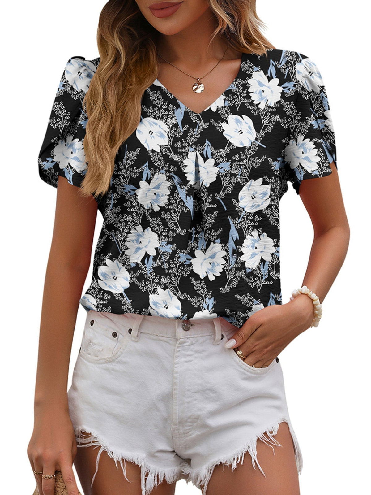 Simple Solid Top, Casual V Neck Short Sleeve Top