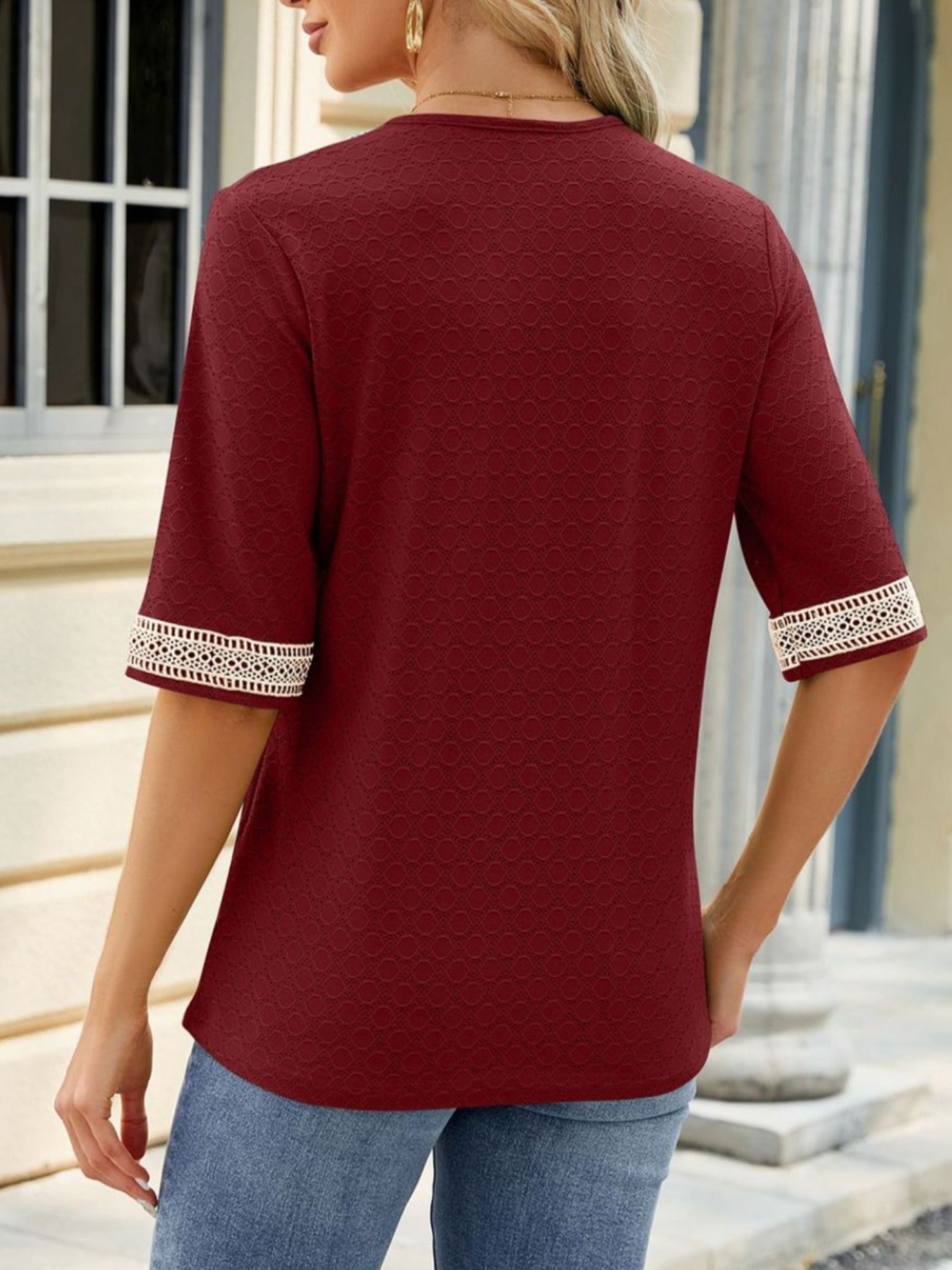 Guipure Lace V-neck Eyelet T-Shirt, Vintage Half Sleeve Loose T-Shirt