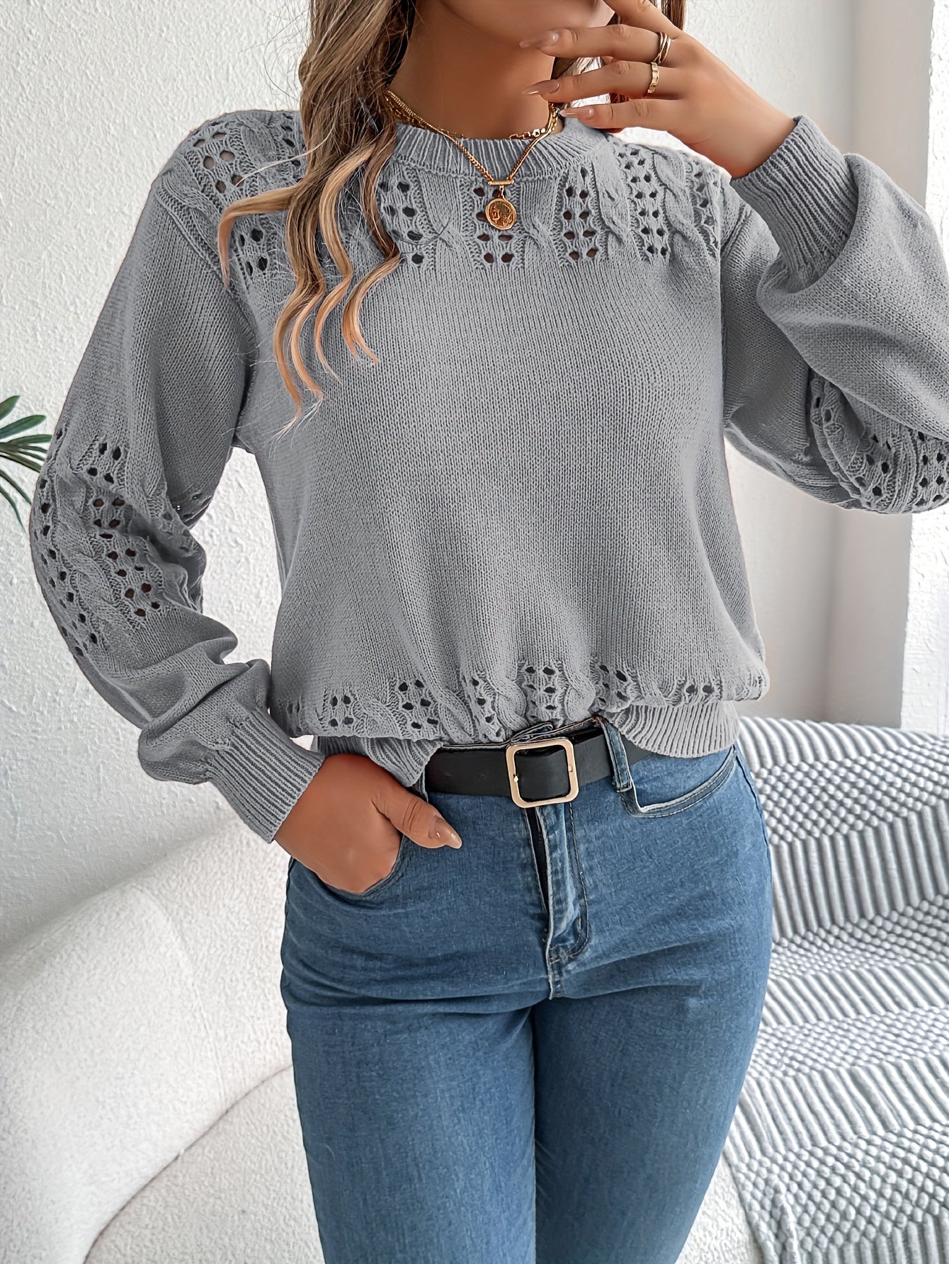 Pointelle Knit Solid Pullover Sweater, Casual Vacation Style Long Sleeve Crew Neck Sweater