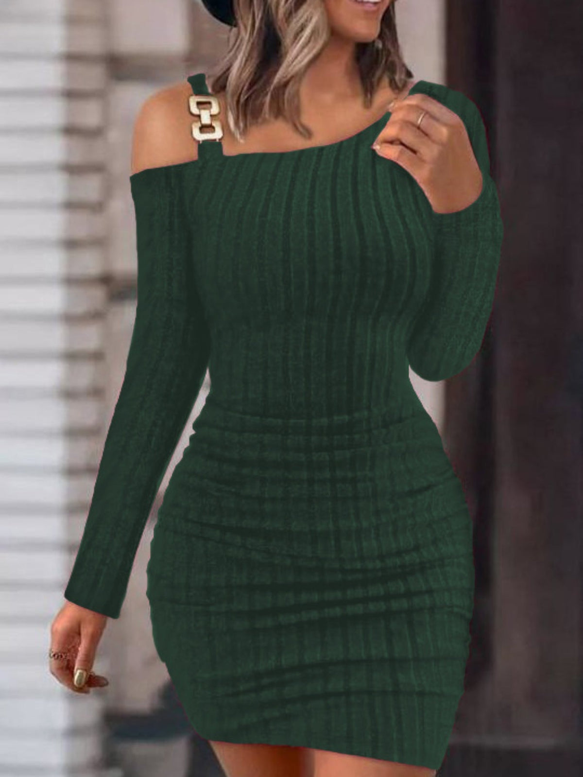Ribbed Slanted Shoulder Chain Dress, Casual Solid Long Sleeve Bodycon Dress