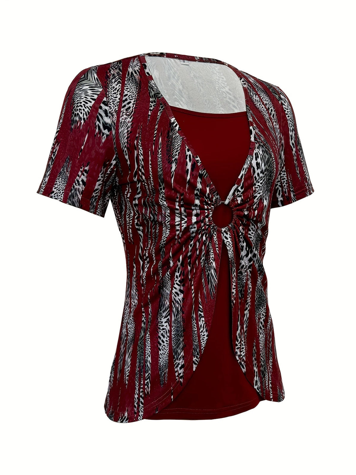 Maroon & Black Stretchy Polyester Blend Print Square Neck Short Sleeve T-Shirt