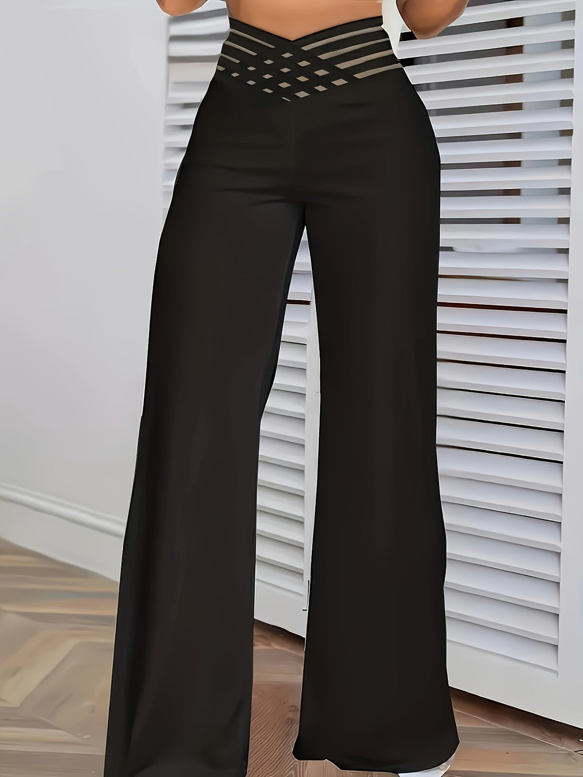 Elegant High-Waist Cross Detail Transparent Mesh Patchwork Pants