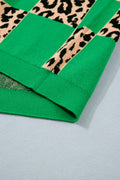 Green Plus Size Leopard Contrasted Checkered Short Sleeve Sweater