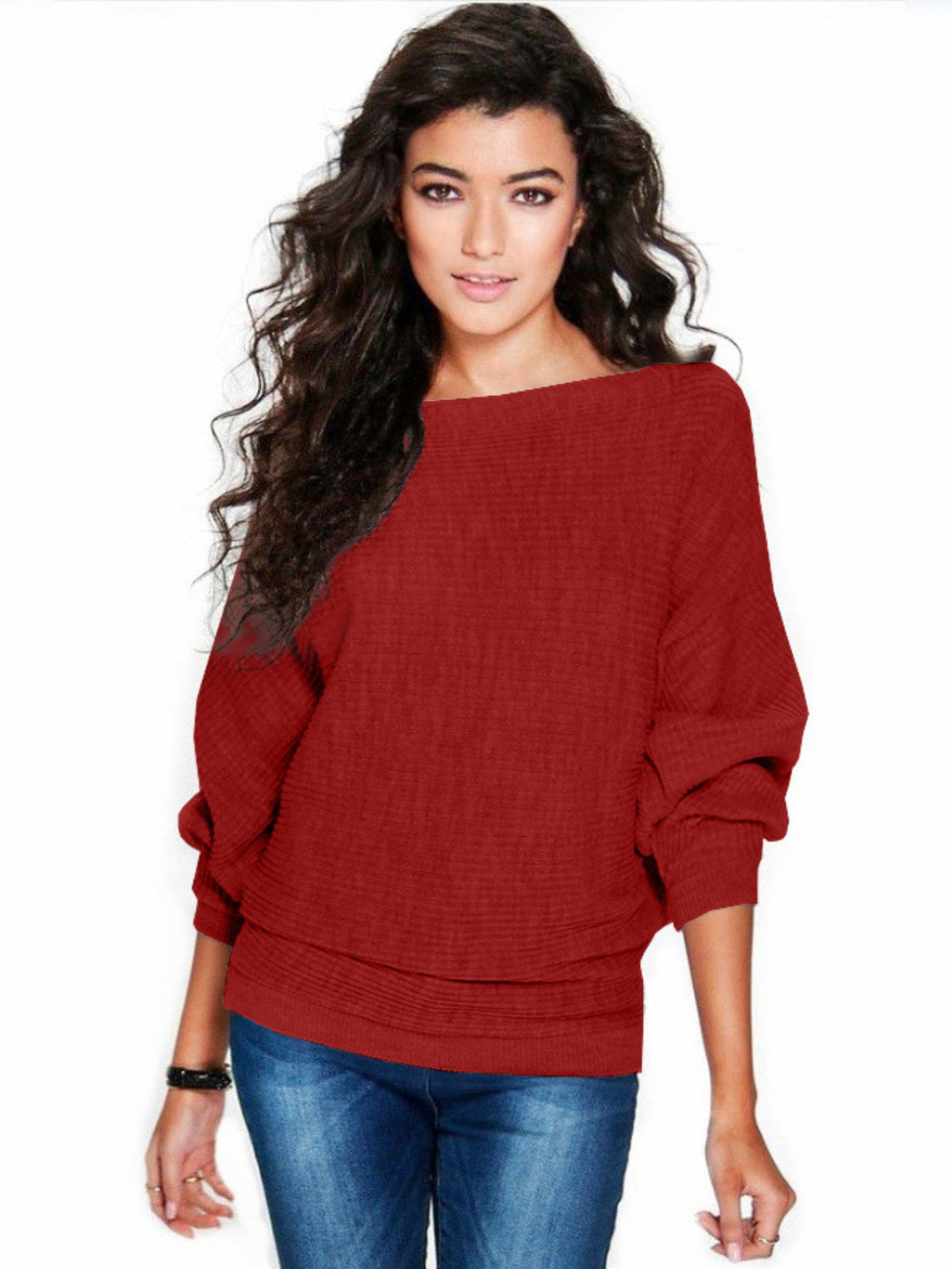 Solid Boat Neck Pullover Sweater, Casual Batwing Sleeve Drop Shoulder Sweater