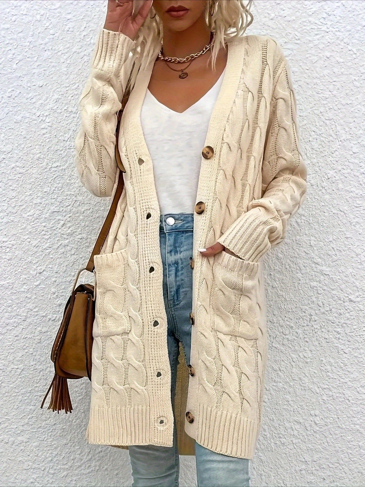 Elegant Long Nylon Soft Warm V-Neck Long Sleeves Sweater with Button Front