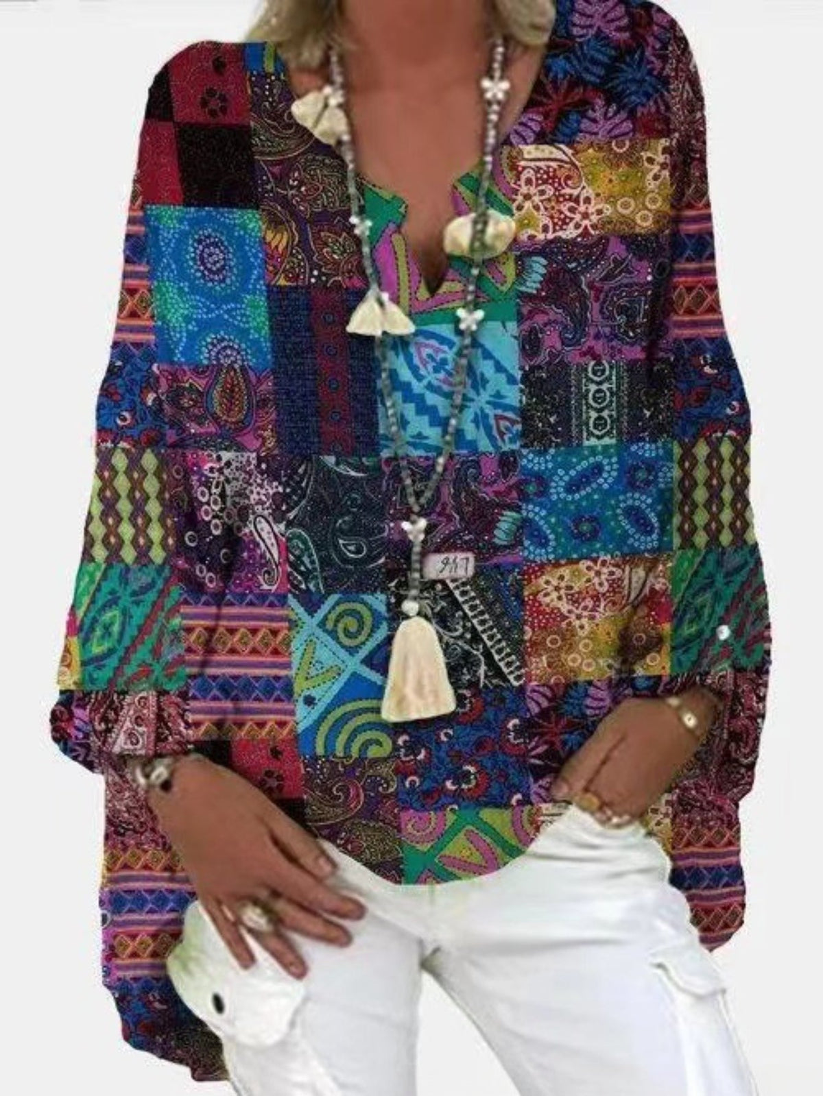 Women's Tile Print Long Sleeve Notched Neck Loose Fit T-shirt