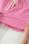 Pink Stripe Drawstring Elastic Waist Casual Denim Shorts