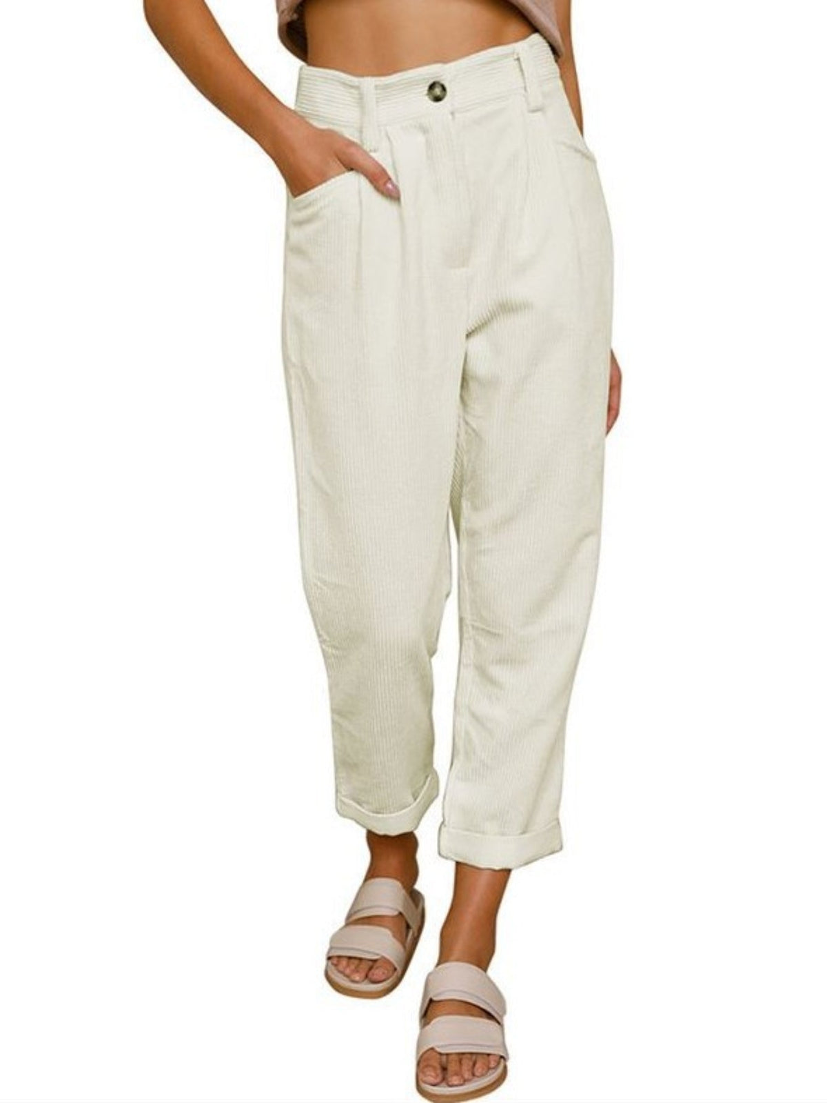 Women's High-Waist Corduroy Pants - Casual Solid Color, Loose Fit Straight Leg with Pockets