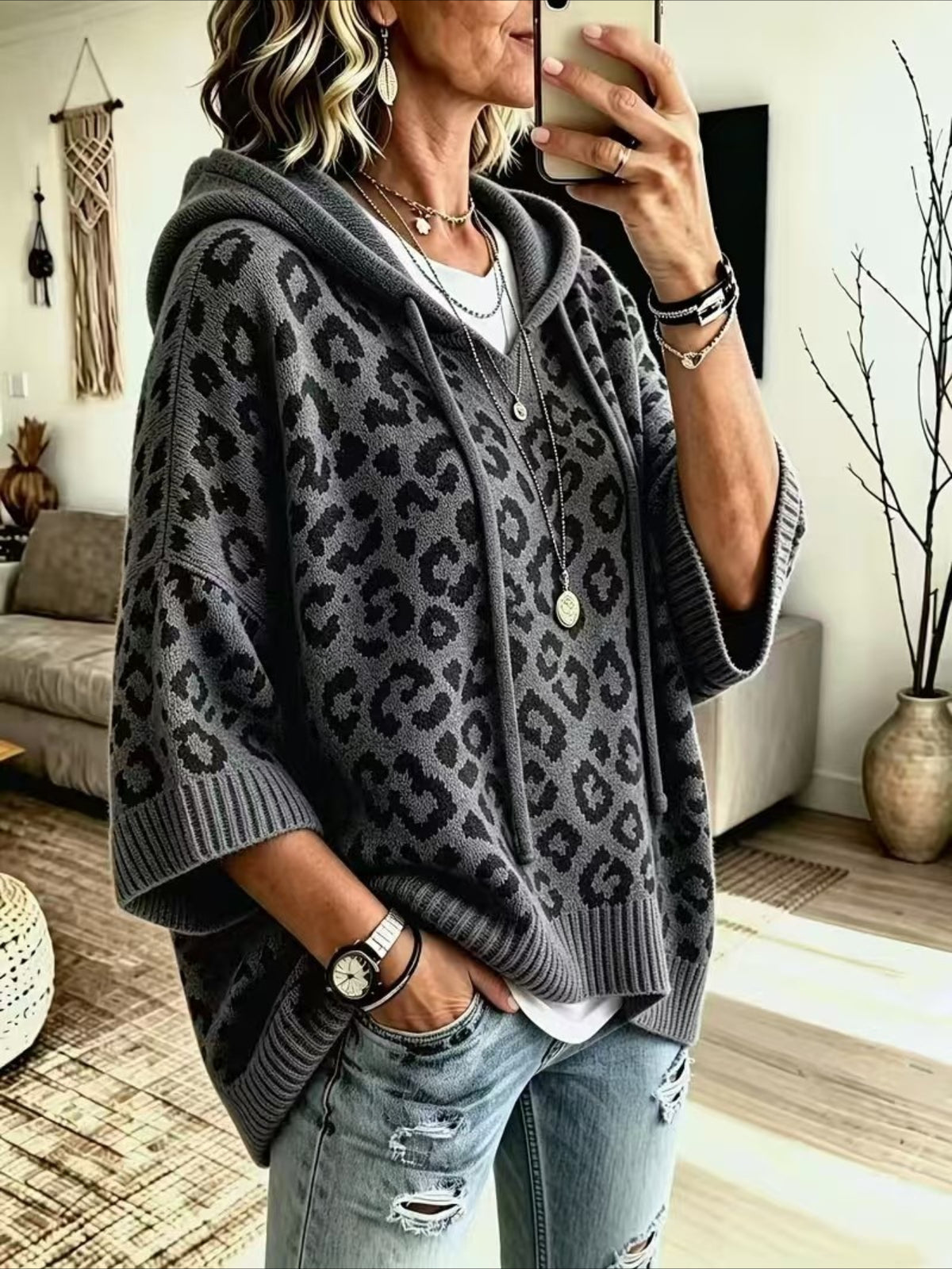 Leopard Pattern Hooded Knit Sweater with Batwing Sleeves