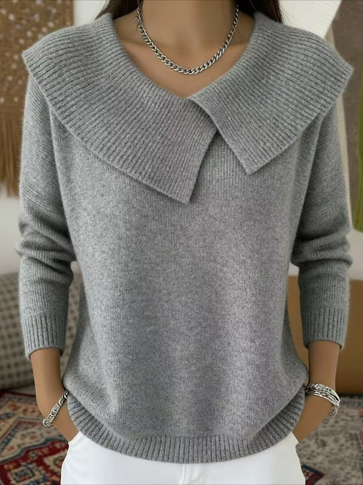 Solid Asymmetrical Lapel Color Long Sleeve Sweater