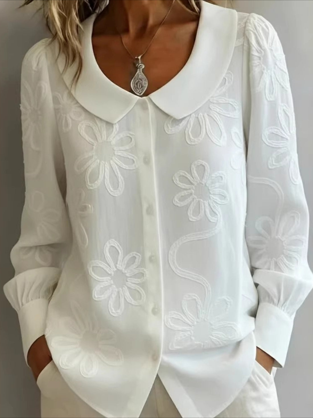 Embroidery Floral Long Sleeve Crew Neck Button Loose Going Out Casual Top