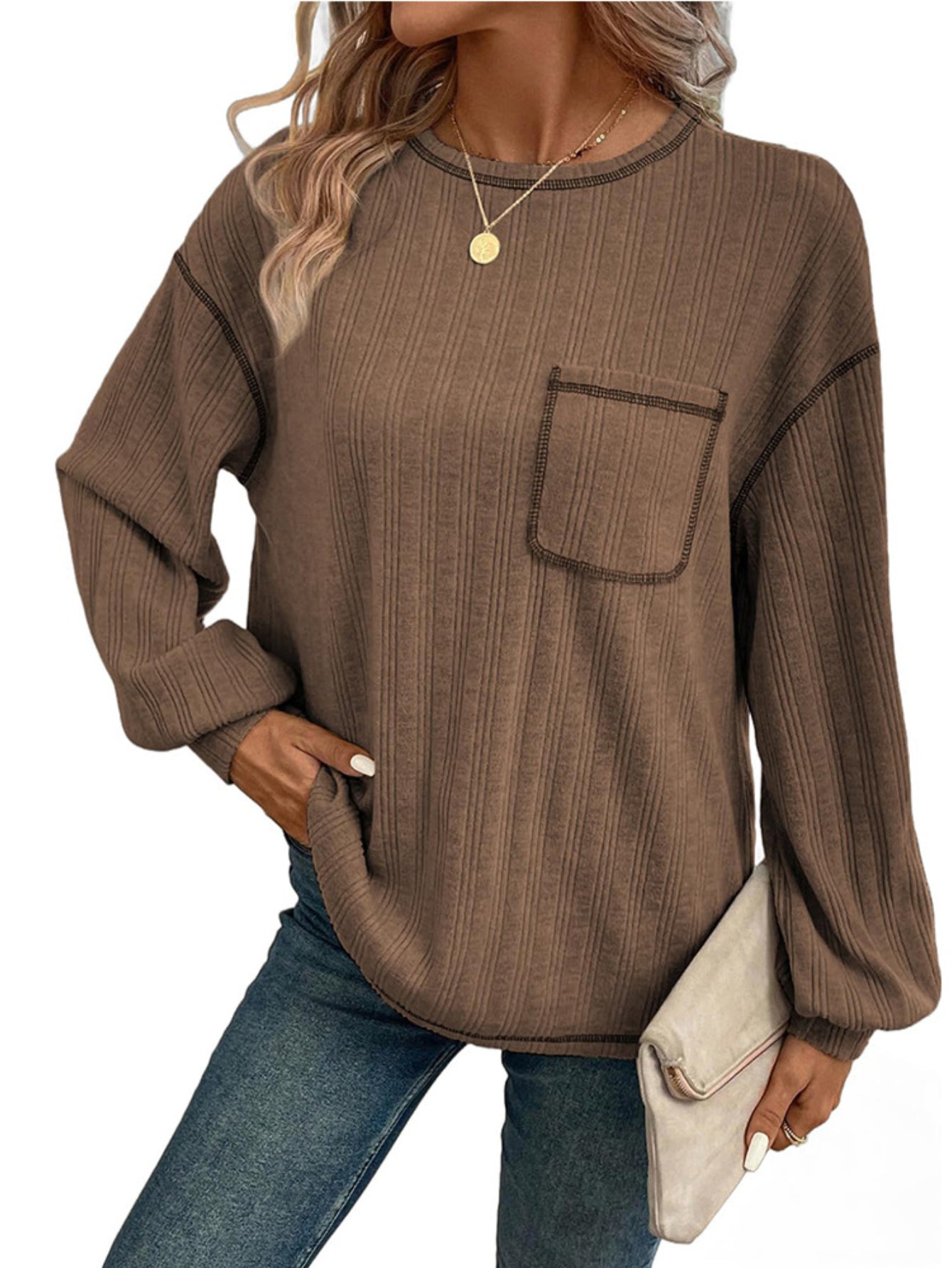 Long Sleeve Shirts Solid Crewneck Knitted Loose Fit Pullover Shirts Tops