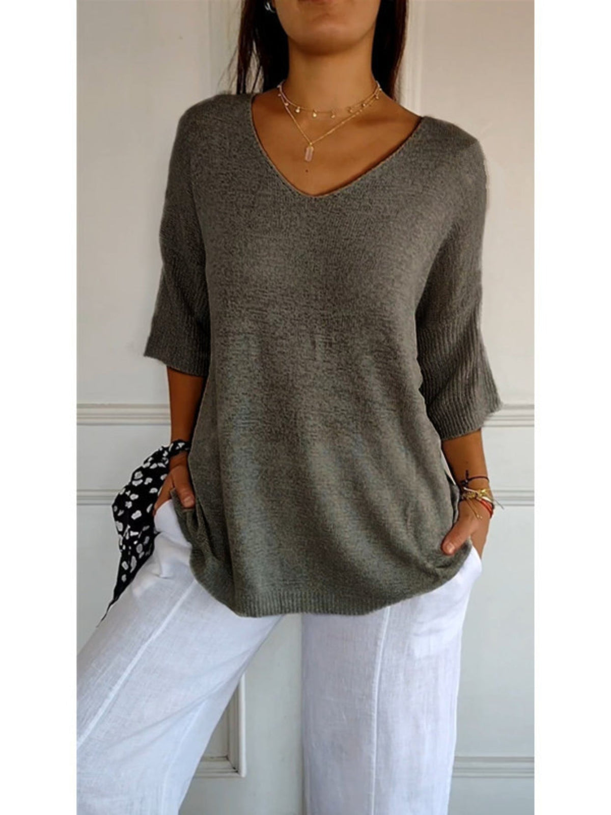 Cozy V Neck Pullover Three-Quarter Sleeve Knitted Sweater