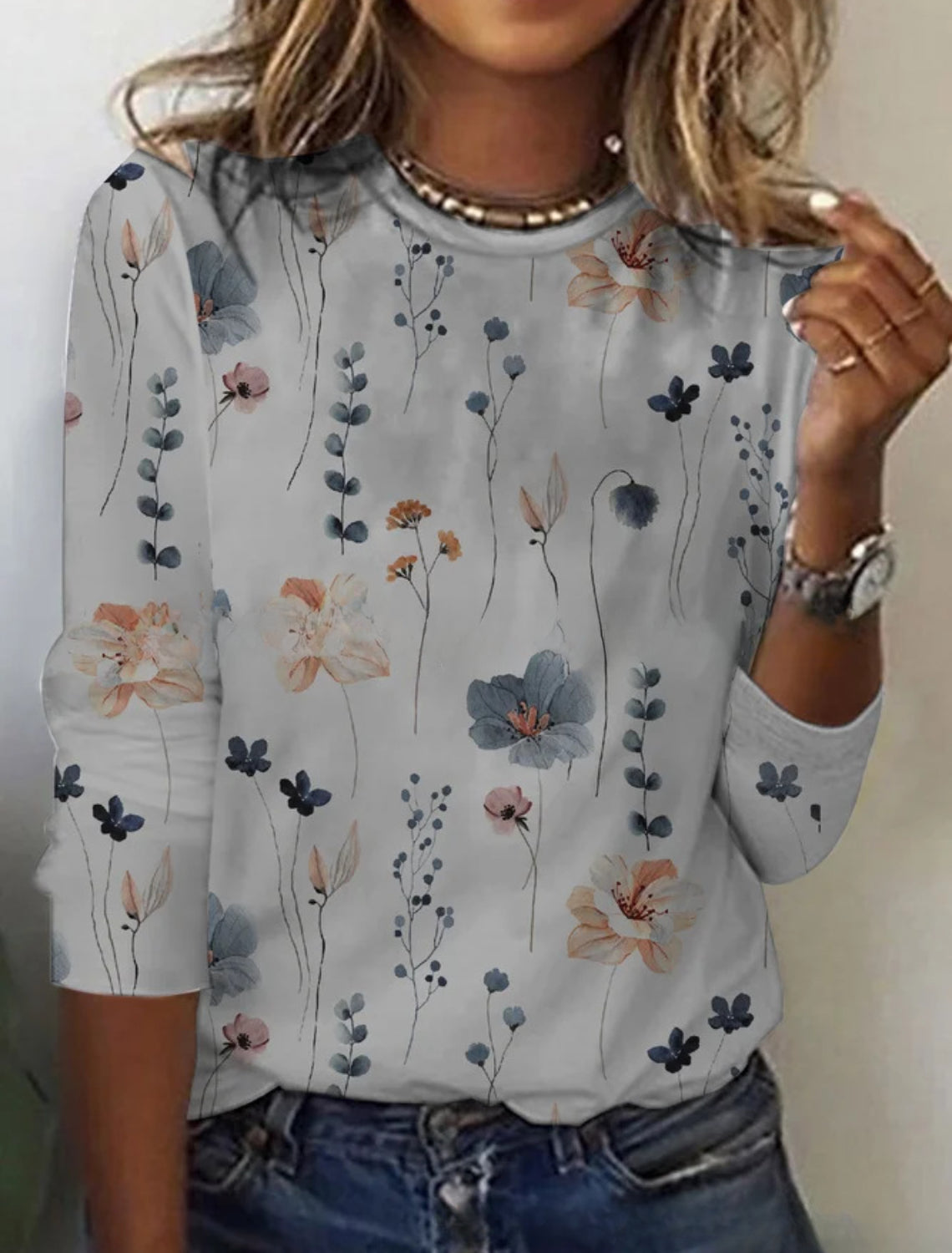 Floral Print Round Neck Long Sleeve T-Shirt