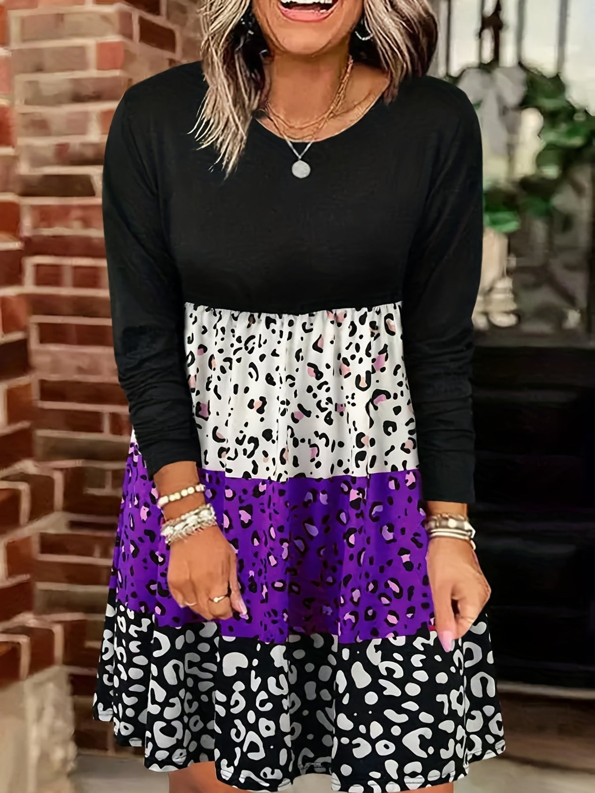 Leopard Print Color Block Dress, Casual Crew Neck Long Sleeve Dress