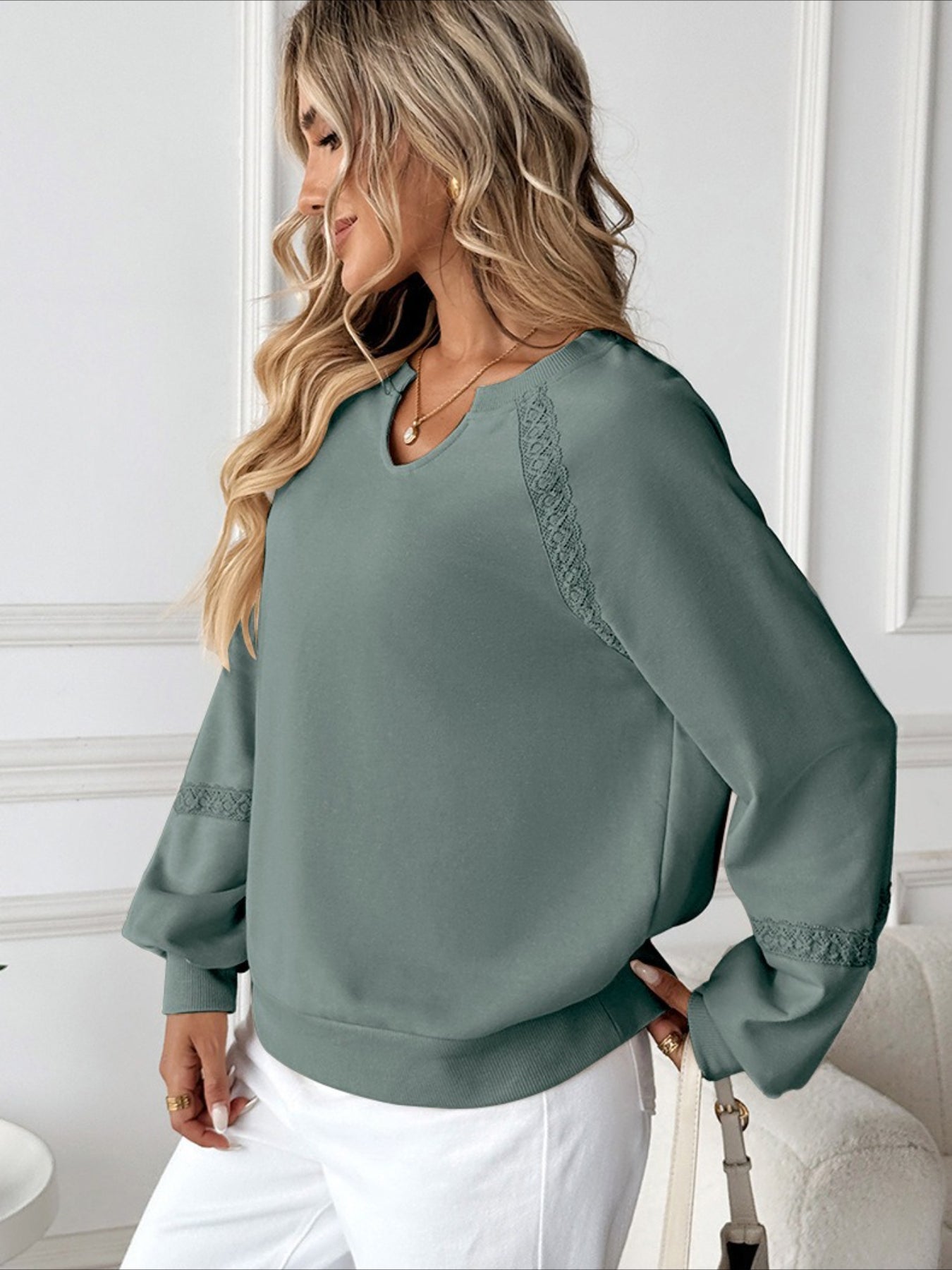 Solid Color Half-open Neck Splicing Lace Loose Fashion Long-sleeved Top