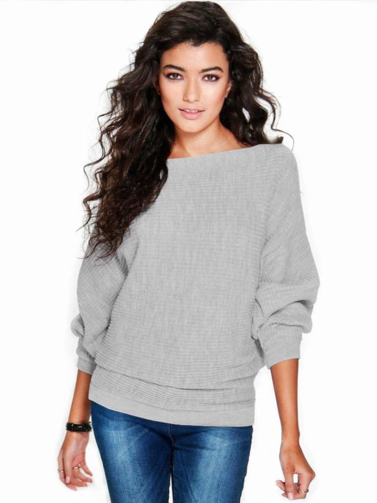 Solid Boat Neck Pullover Sweater, Casual Batwing Sleeve Drop Shoulder Sweater